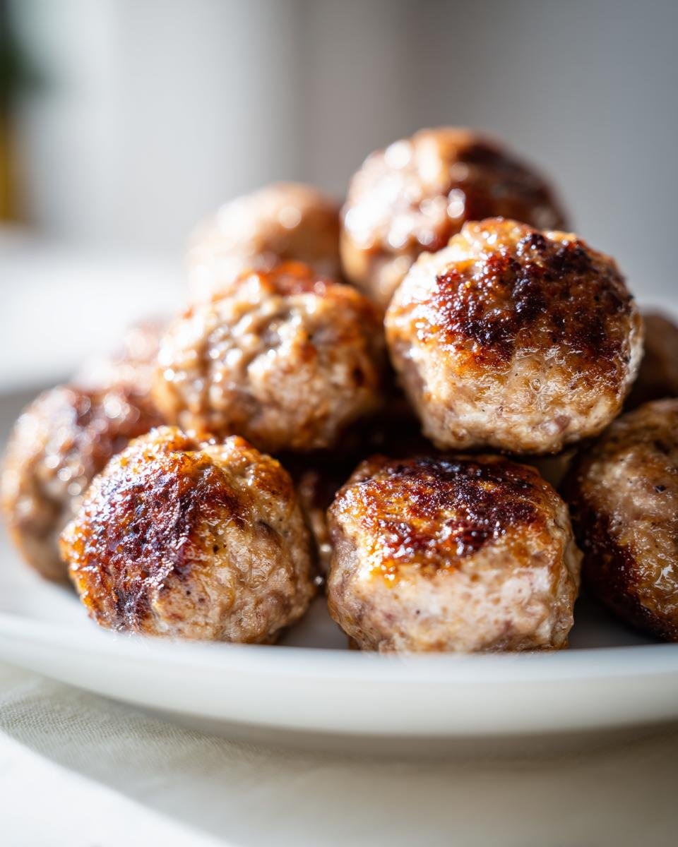 Nahaufnahme von Weihnachts Frikadellen, die auf einem weißen Teller gestapelt sind, mit goldbrauner Kruste.