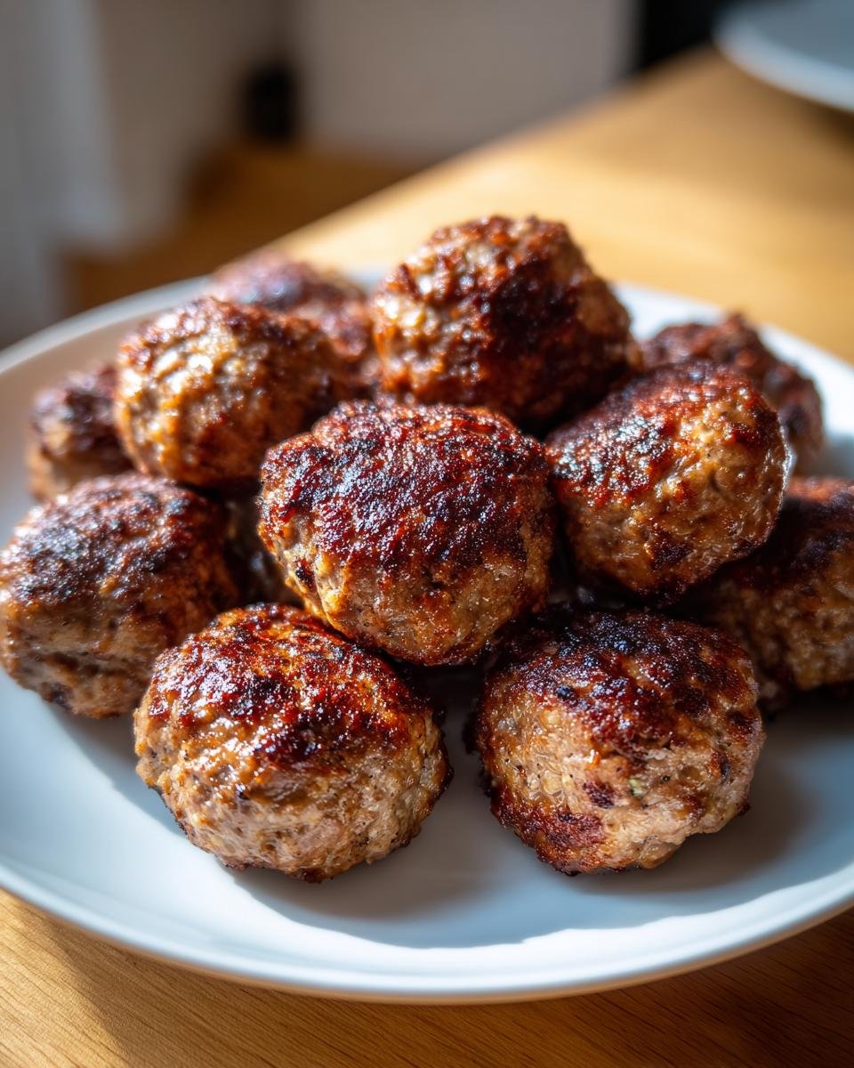 Nahaufnahme von Weihnachts Frikadellen auf einem weißen Teller, goldbraun gebraten.