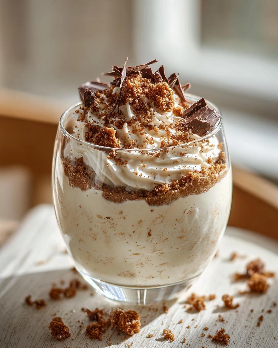 Ein Glas Weiße Lebkuchen-Mousse mit weißer Schokolade, garniert mit Schlagsahne, Keksbröseln und Schokoladenstückchen.