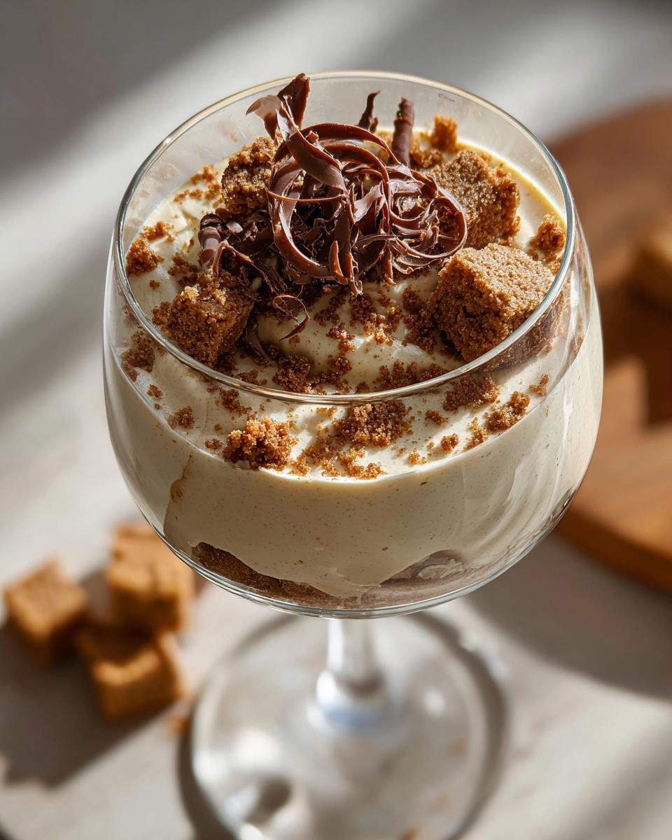 Weiße Lebkuchen-Mousse mit weißer Schokolade, garniert mit Schokoladenlocken und Lebkuchenwürfeln.