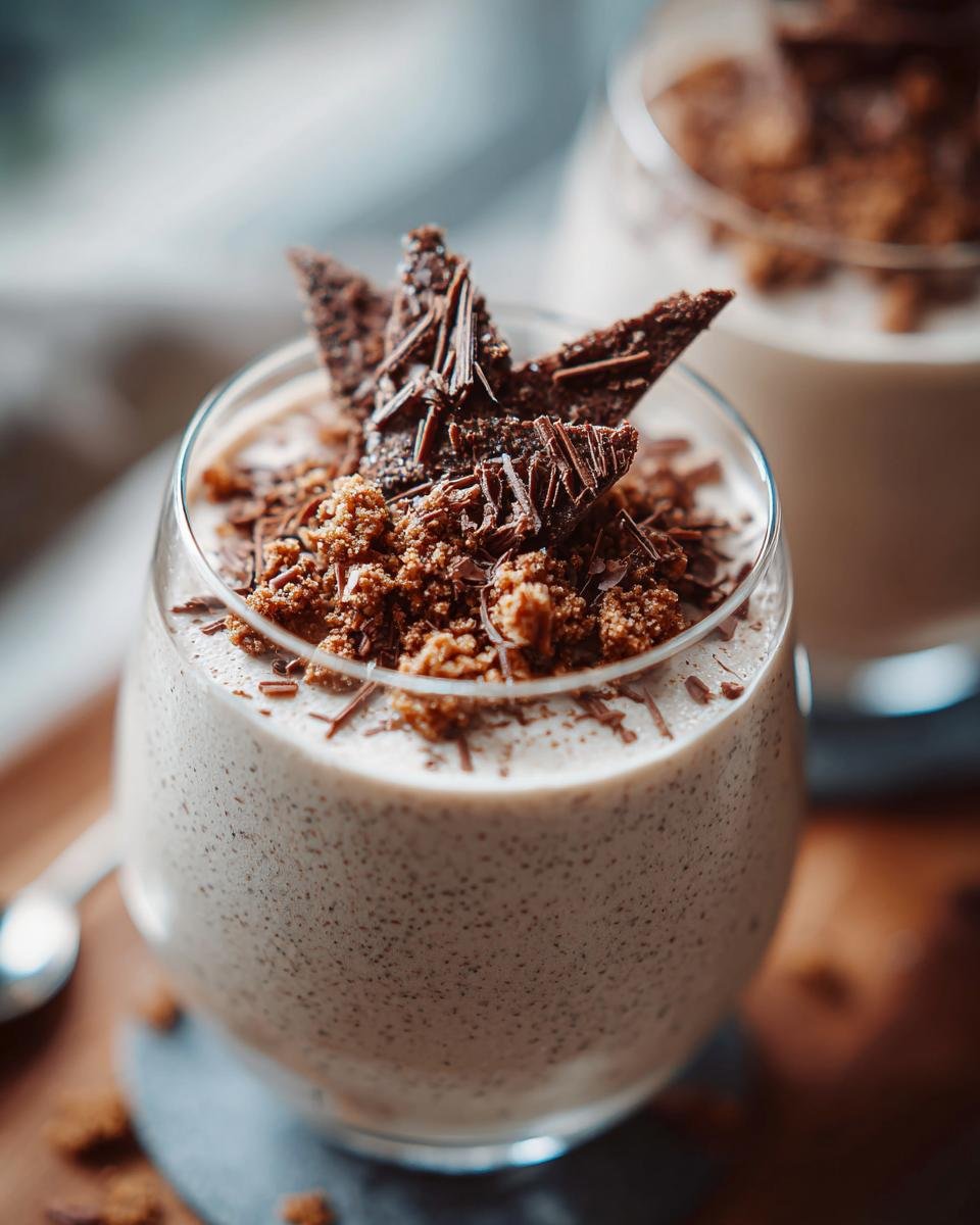 Weiße Lebkuchen-Mousse mit weißer Schokolade Rezept, garniert mit Schokoladenraspeln und Lebkuchenkrümeln.