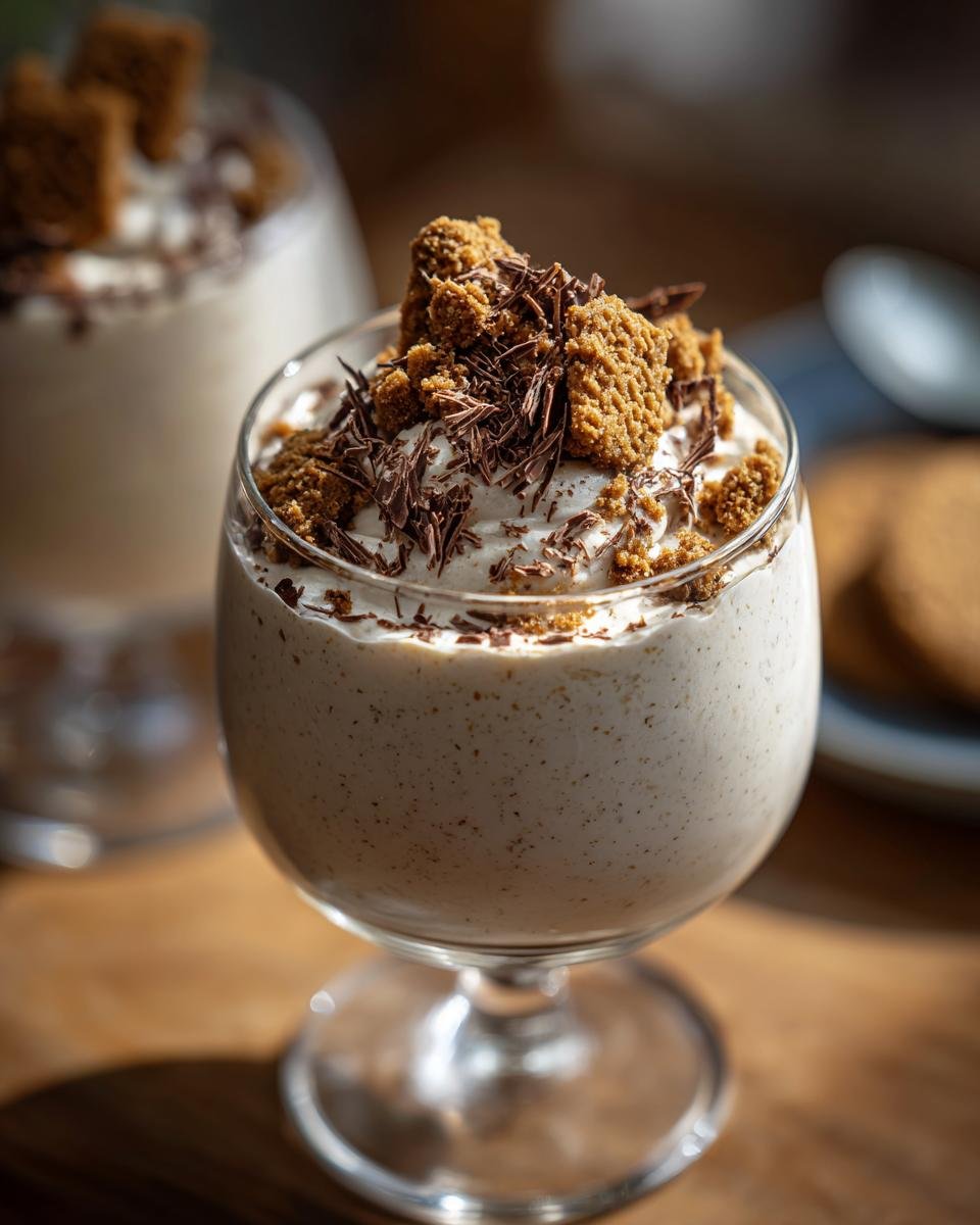 Nahaufnahme von Weiße Lebkuchen-Mousse mit weißer Schokolade, garniert mit Kekskrümeln und Schokoladenraspeln.