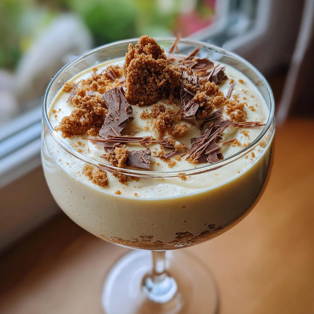 Eine Portion Weiße Lebkuchen-Mousse mit weißer Schokolade, garniert mit zerbröseltem Lebkuchen und Schokoladenspänen.