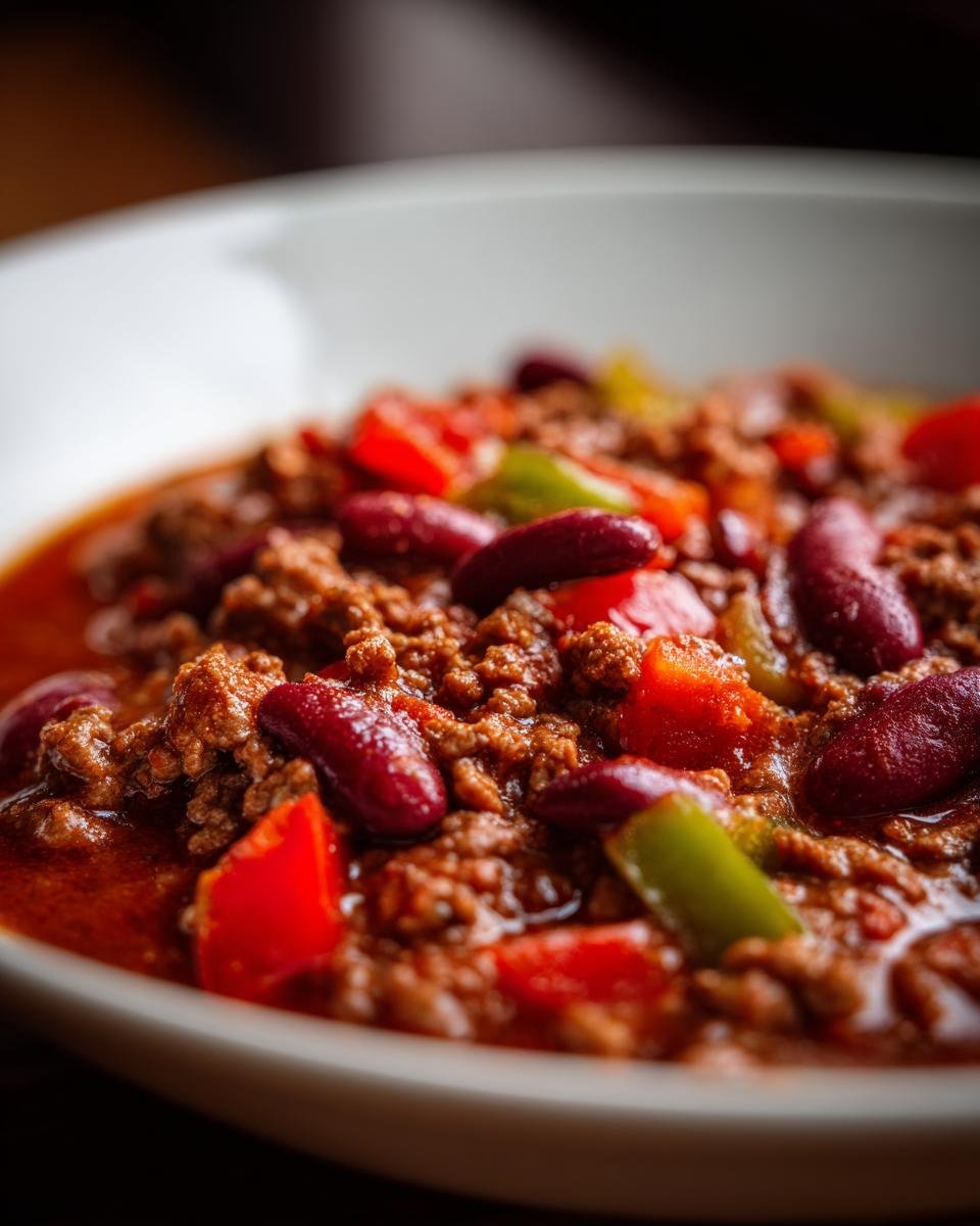 Close-up of a steaming bowl of Weltbeste Chili con Carne with kidney beans, ground meat, and diced peppers.