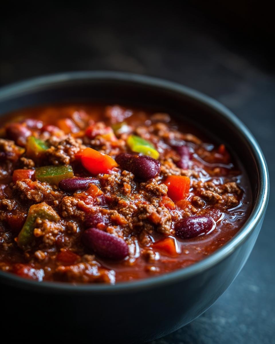 Close-up of a bowl of Weltbeste Chili con Carne, featuring ground meat, kidney beans, and diced peppers.