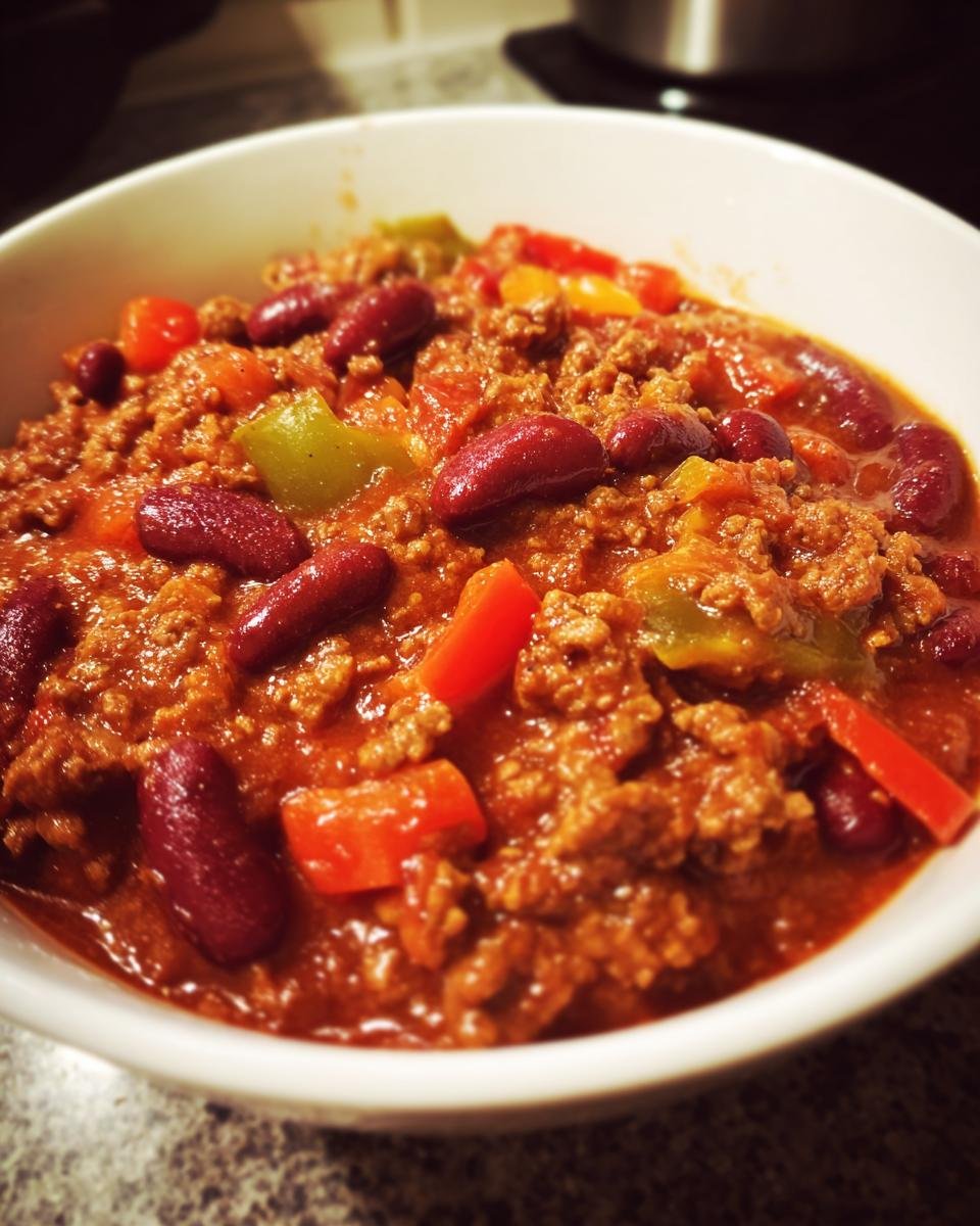 A close-up of a white bowl filled with hearty Weltbeste Chili con Carne, featuring ground meat, kidney beans, and diced peppers.