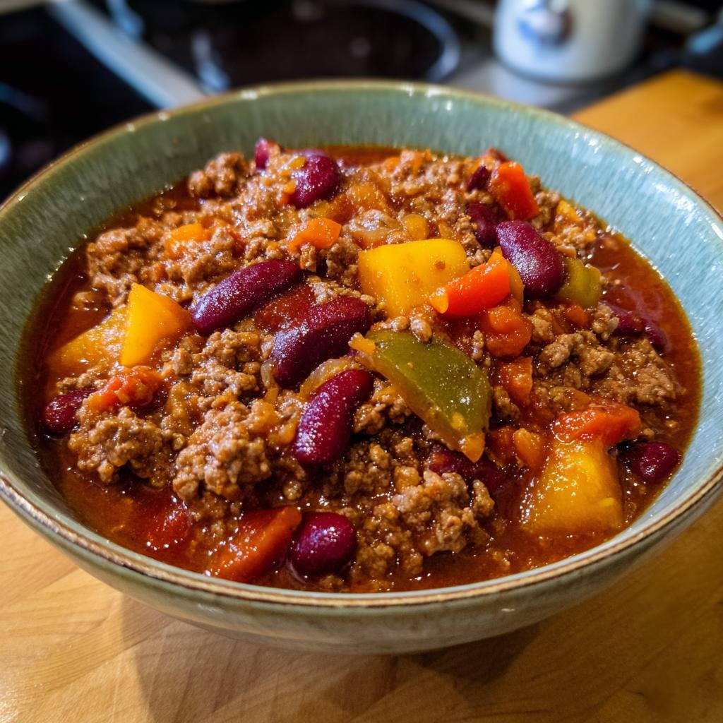 Nahaufnahme einer Schüssel mit Weltbeste Chili con Carne, gefüllt mit Hackfleisch, Kidneybohnen und Gemüse.