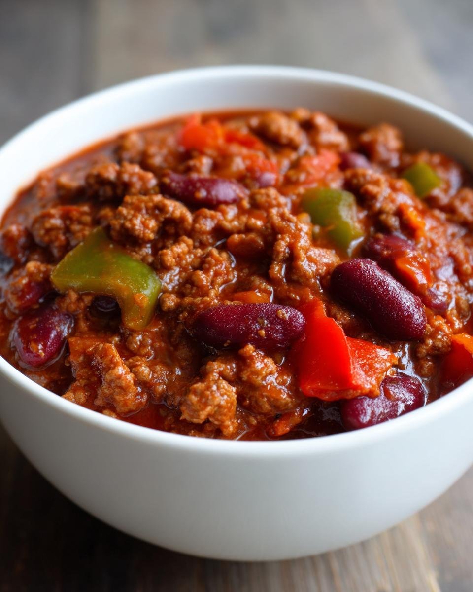 Nahaufnahme einer Schüssel mit Weltbeste Chili con Carne, gefüllt mit Hackfleisch, Kidneybohnen und Paprika.
