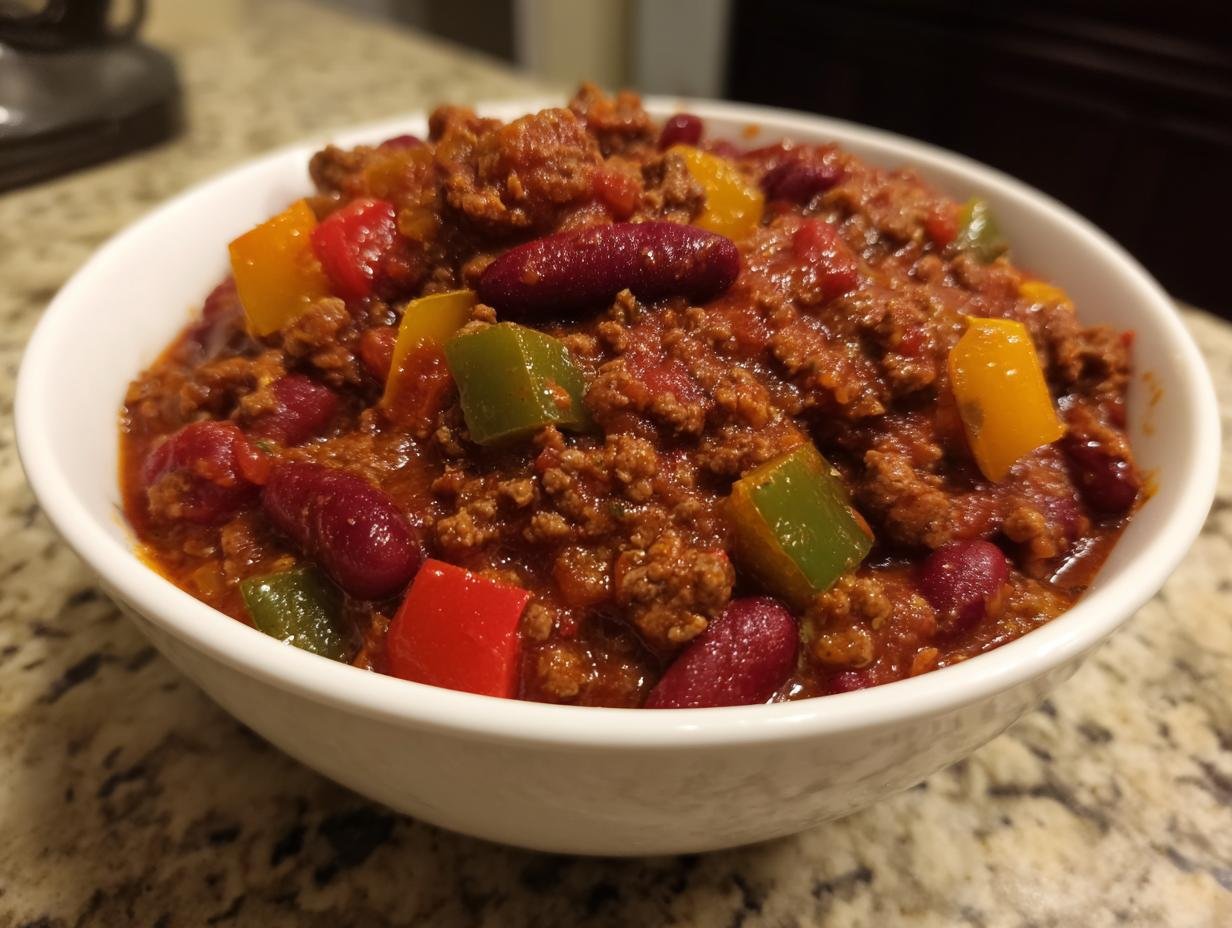 Nahaufnahme einer Schüssel mit Weltbeste Chili con Carne, gefüllt mit Hackfleisch, Kidneybohnen und Paprikawürfeln.