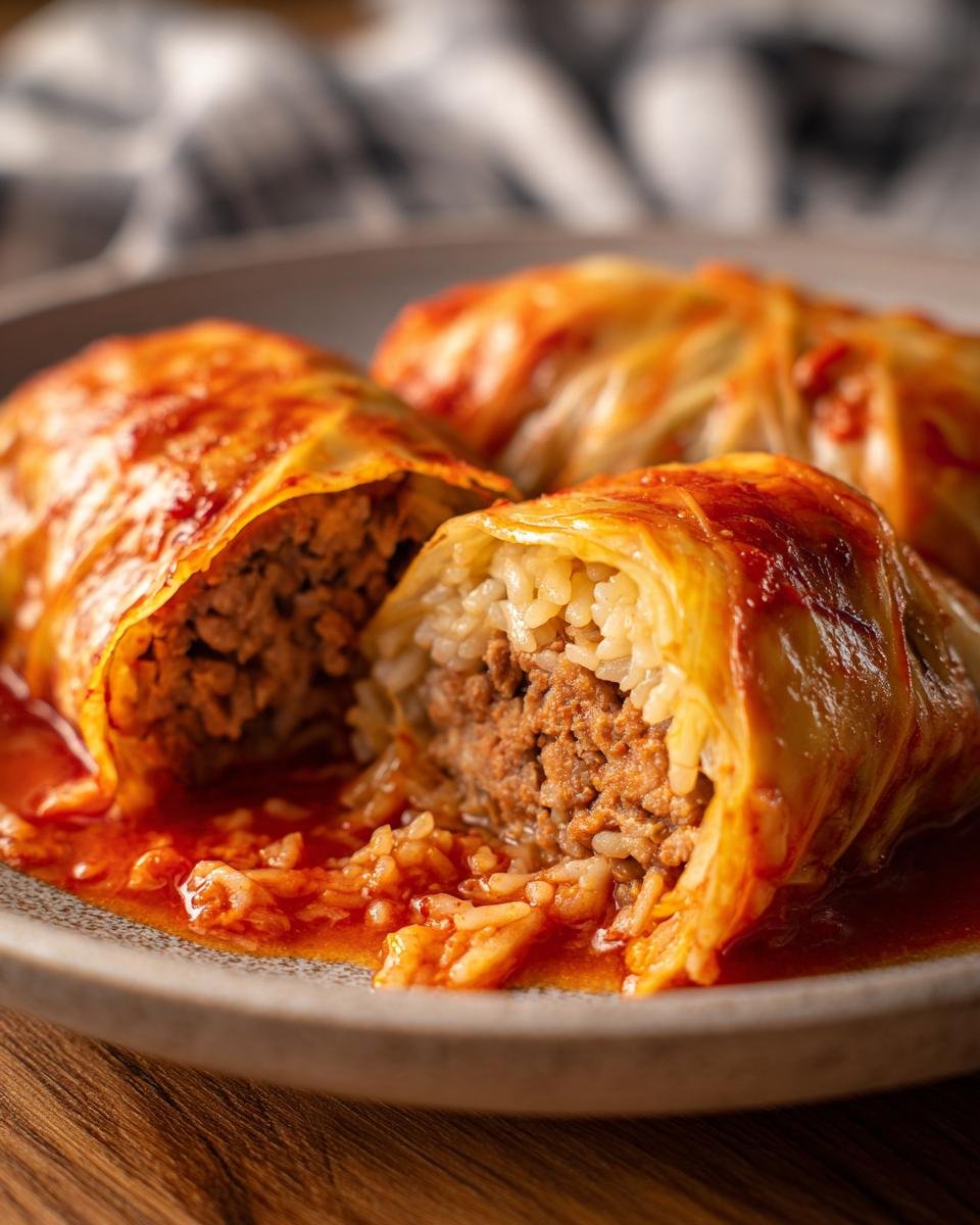 Nahaufnahme von Wirsing-Rouladen Rezept, gefüllt mit Hackfleisch und Reis, in einer würzigen Tomatensauce serviert.