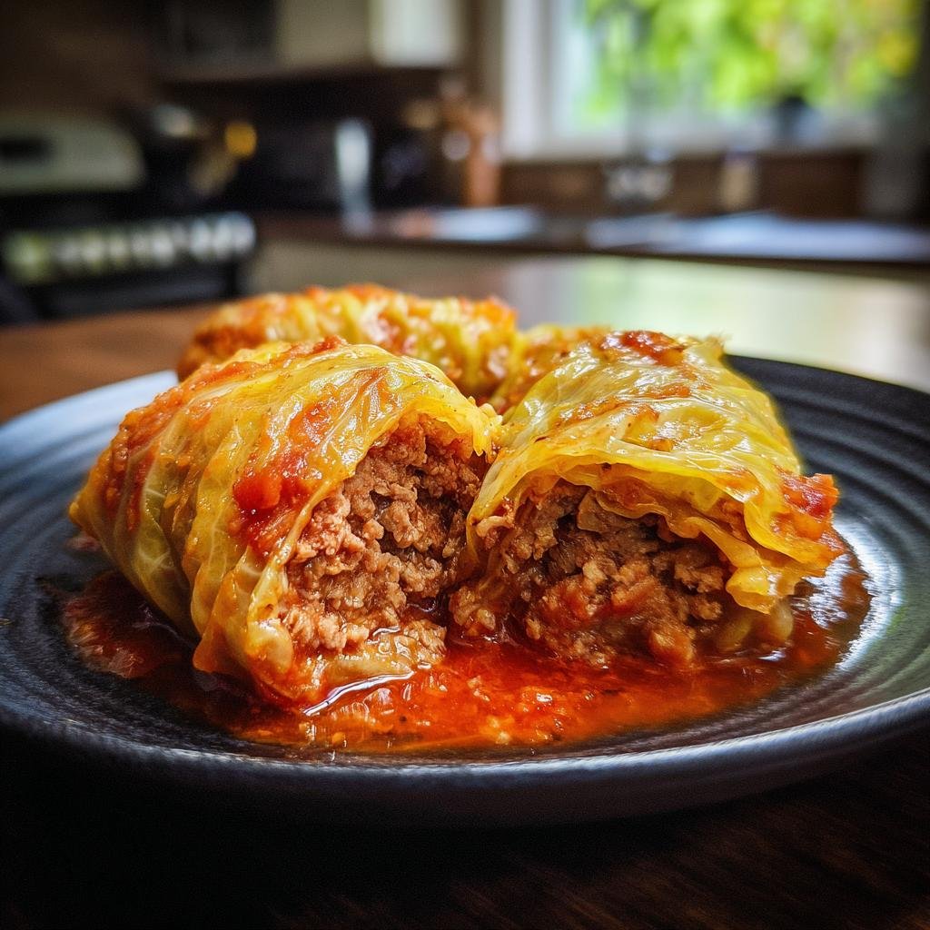Nahaufnahme von Wirsing-Rouladen, gefüllt mit Hackfleisch und in Tomatensauce serviert.