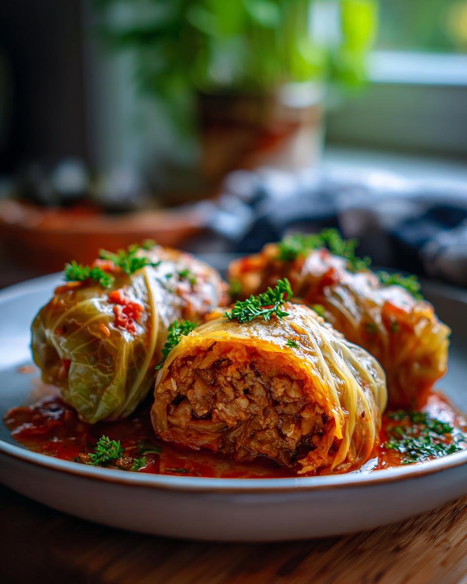 Nahaufnahme von drei Wirsing-Rouladen, gefüllt mit Hackfleisch und Reis, serviert in einer würzigen Tomatensoße und garniert mit Petersilie.