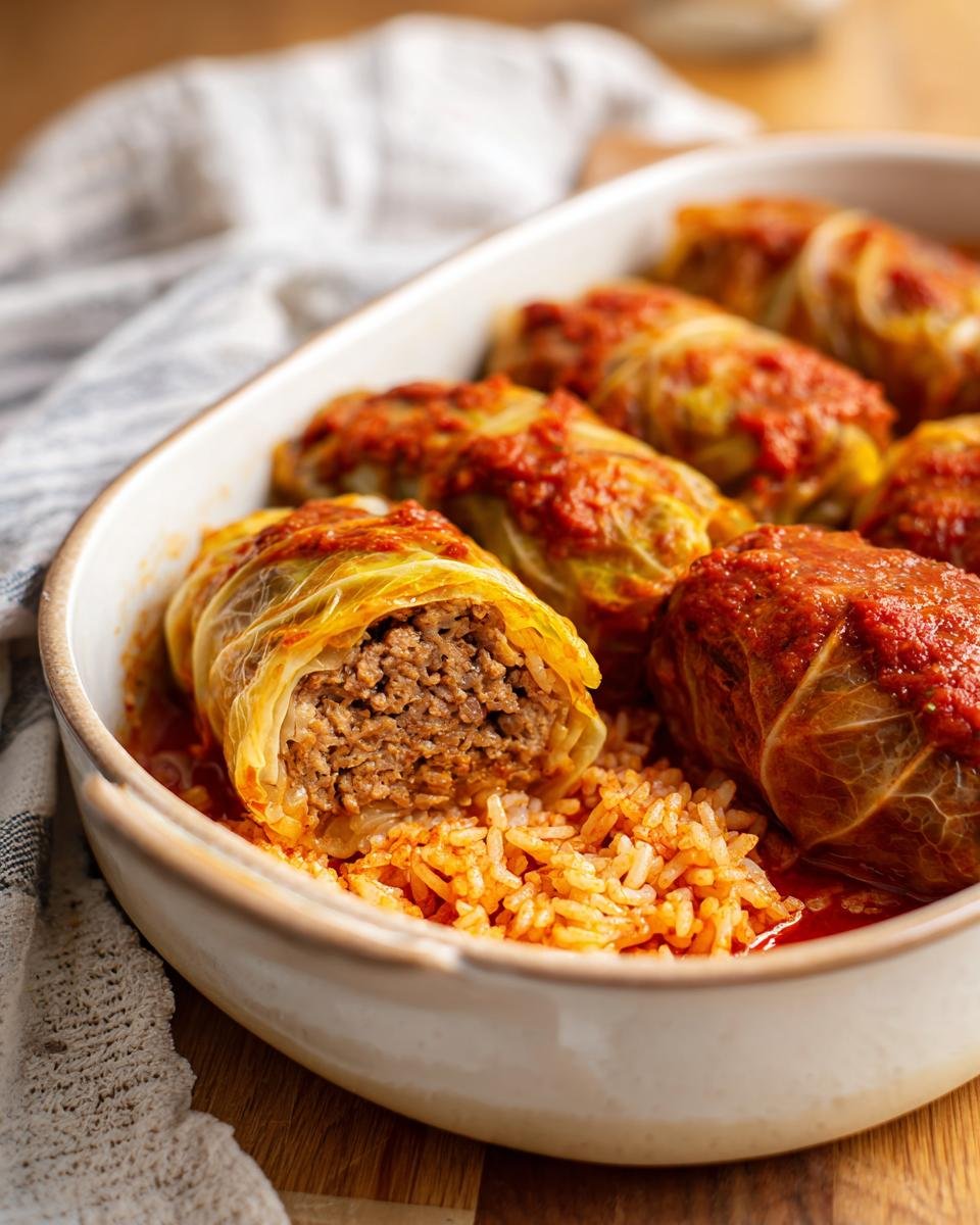 Fertige Wirsing-Rouladen in einer Auflaufform, serviert mit Reis und Tomatensauce. Ein Wirsing-Rouladen Rezept.