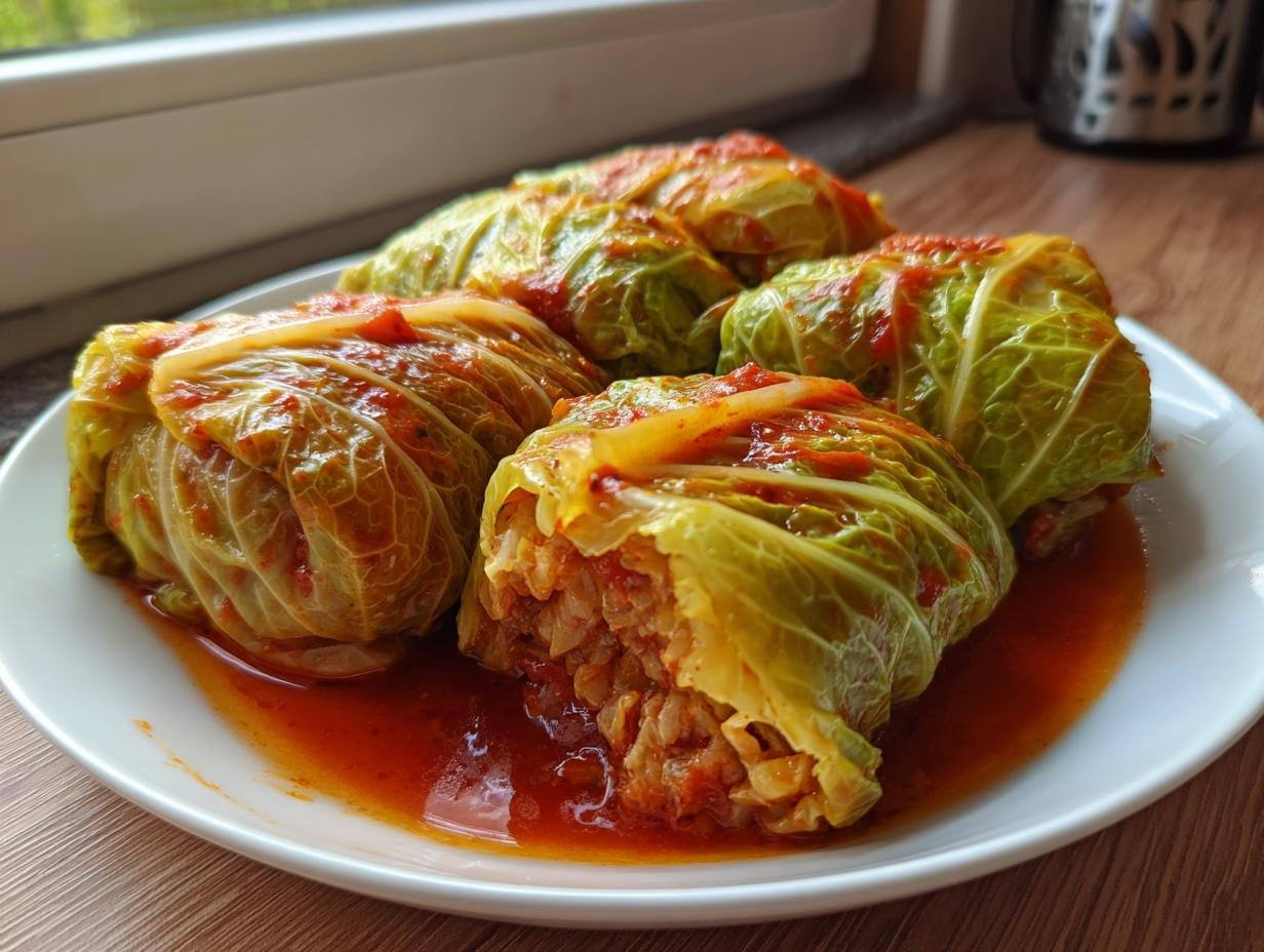 Vier Wirsing-Rouladen auf einem weißen Teller, bedeckt mit Tomatensoße, gefüllt mit Reis und Hackfleisch.