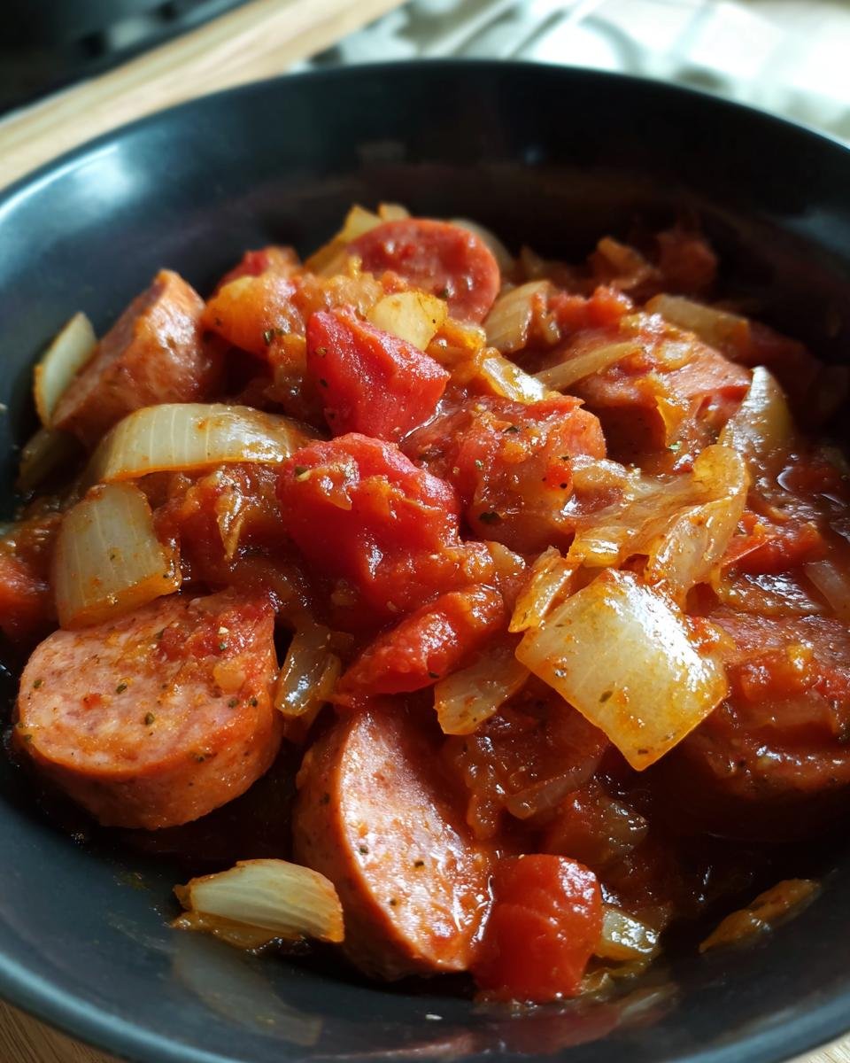 A close-up of a dark bowl filled with Würstchengulasch, featuring sliced sausages, tomatoes, and onions.