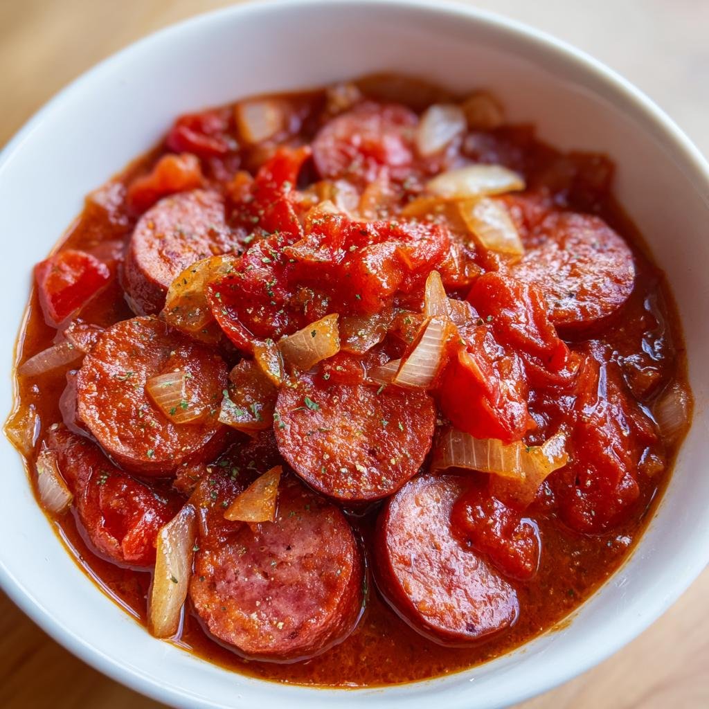 A bowl of delicious Würstchengulasch, a German sausage goulash with sliced sausages, tomatoes, and onions.
