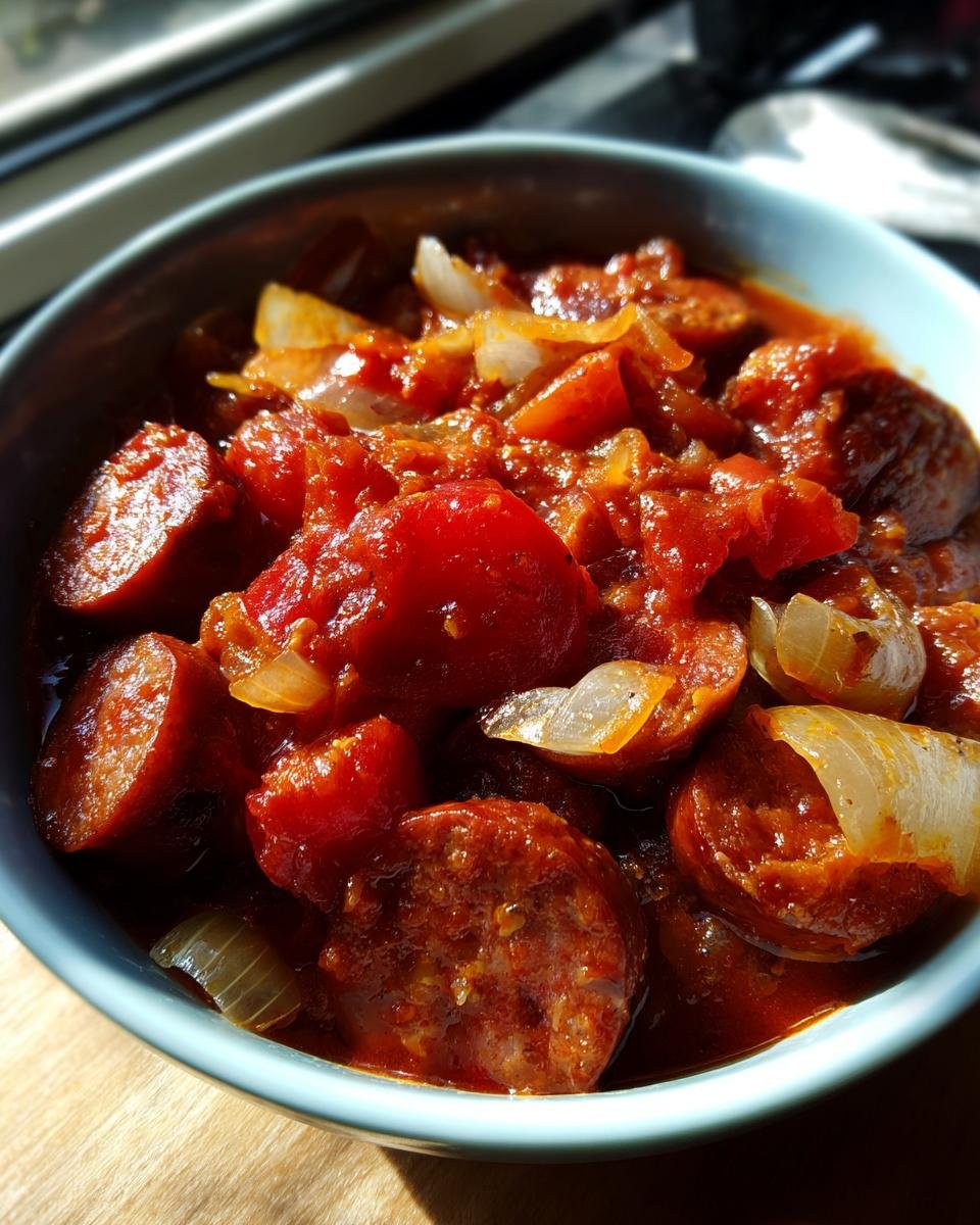 A close-up of a bowl filled with Würstchengulasch, featuring sliced sausages, tomatoes, and onions in a rich sauce.