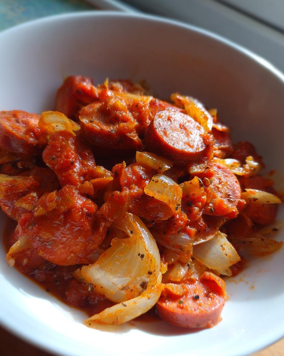 Close-up of a bowl filled with Würstchengulasch, featuring sliced sausages and onions in a rich tomato sauce.