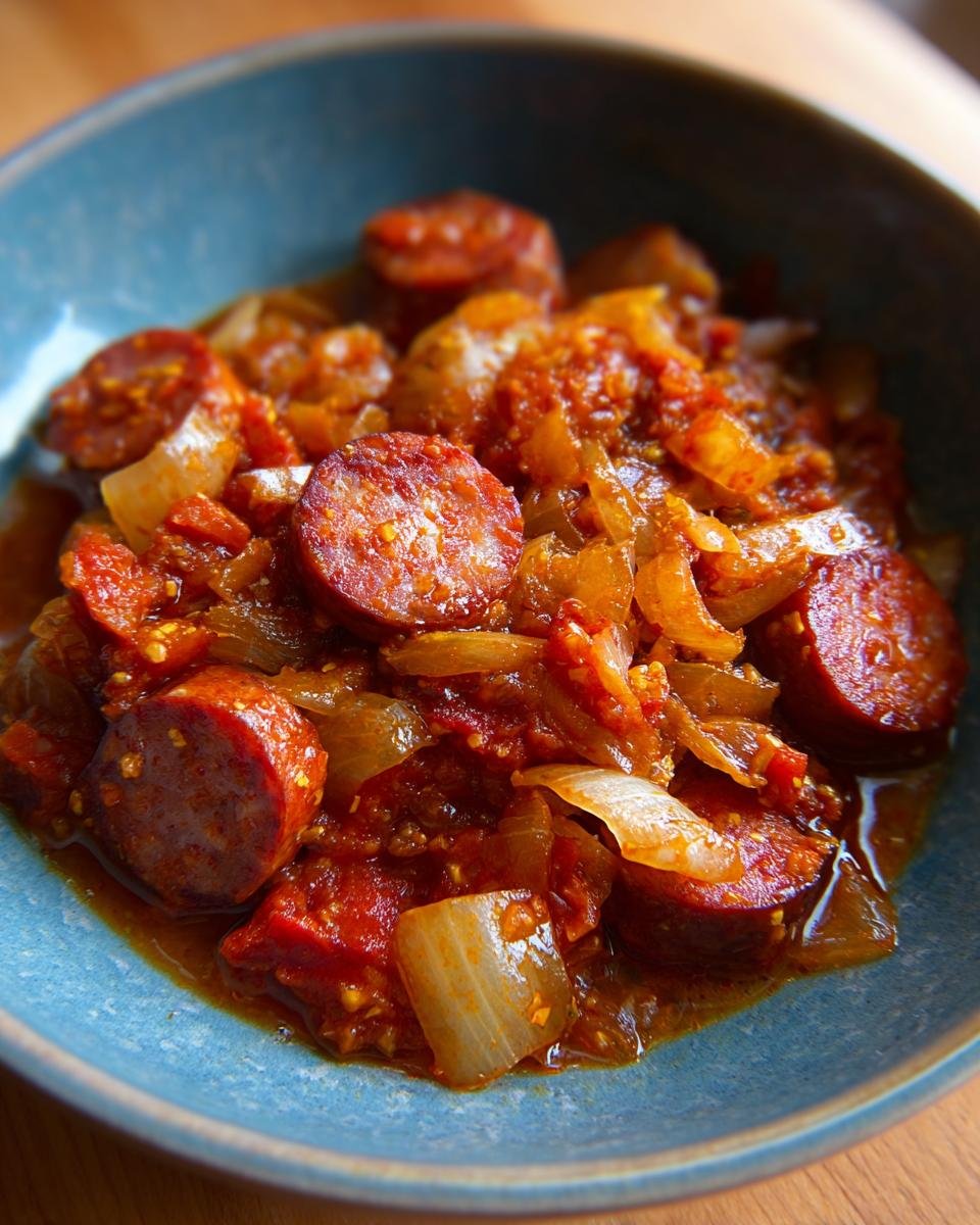 Close-up of a bowl of Würstchengulasch Rezept, featuring sliced sausages in a rich tomato and onion sauce.