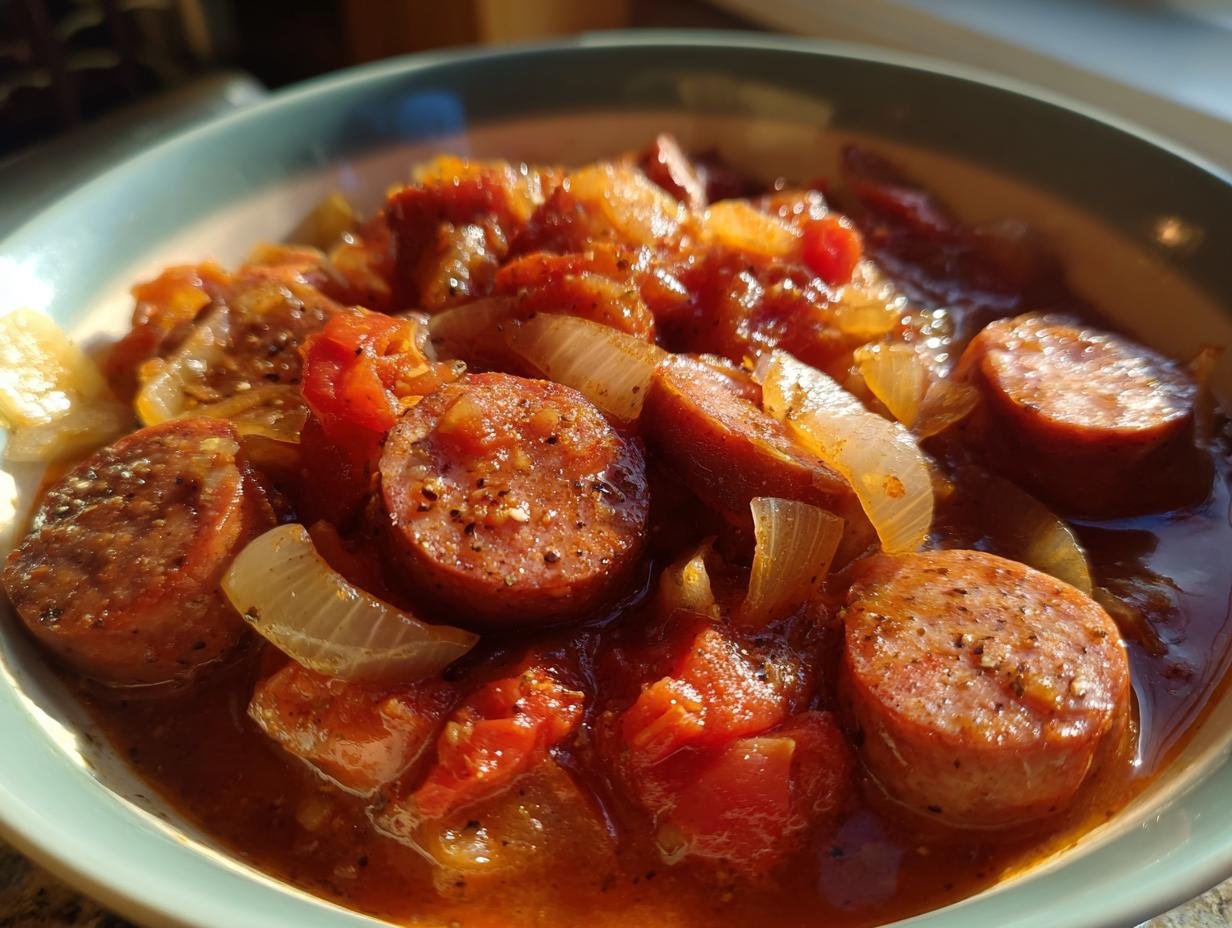Close-up of a bowl of Würstchengulasch, featuring sliced sausages in a rich tomato and onion sauce.