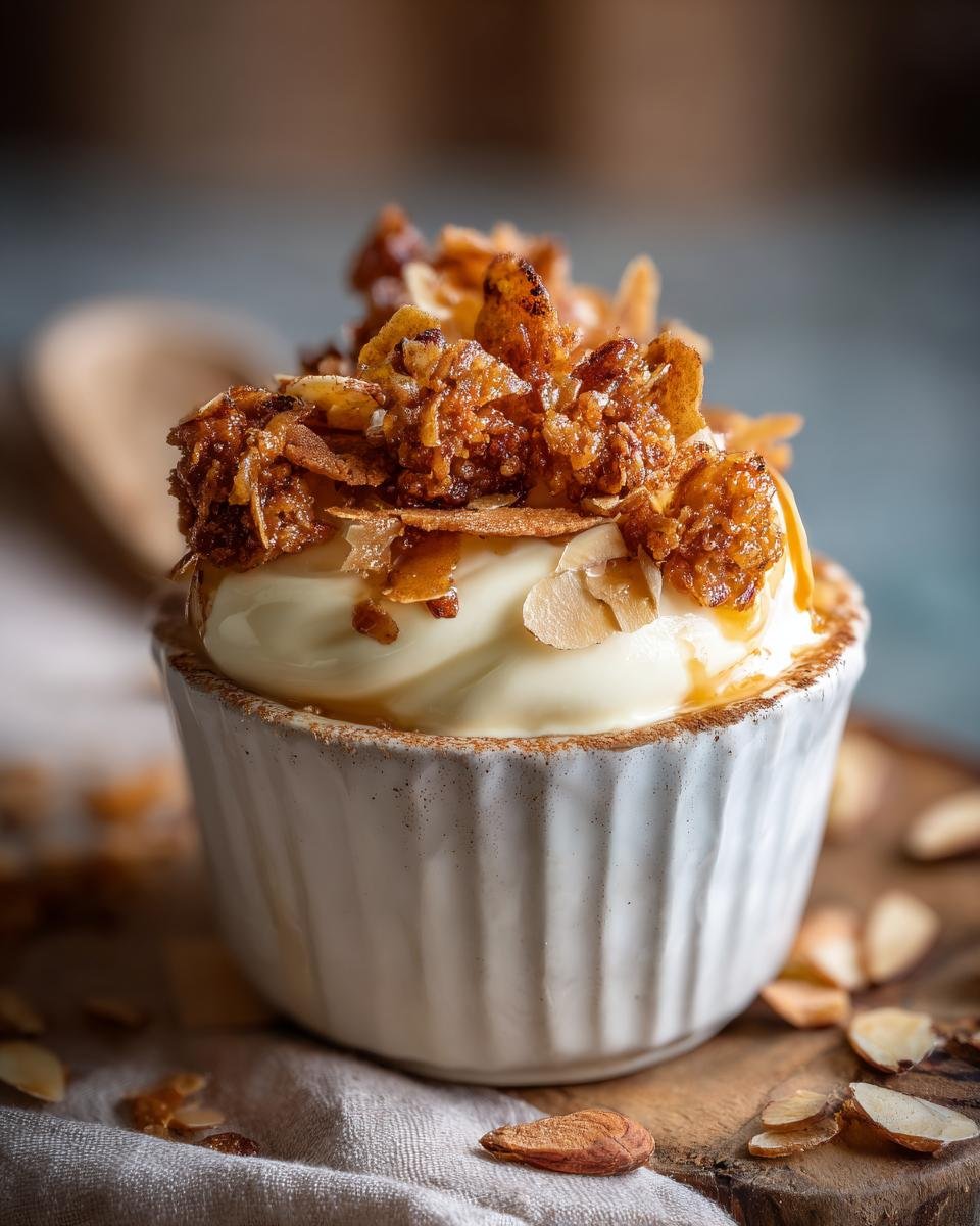 Ein cremiges Zimtparfait mit Mandelkrokant-Topping in einer weißen Schale, garniert mit Mandelblättchen.
