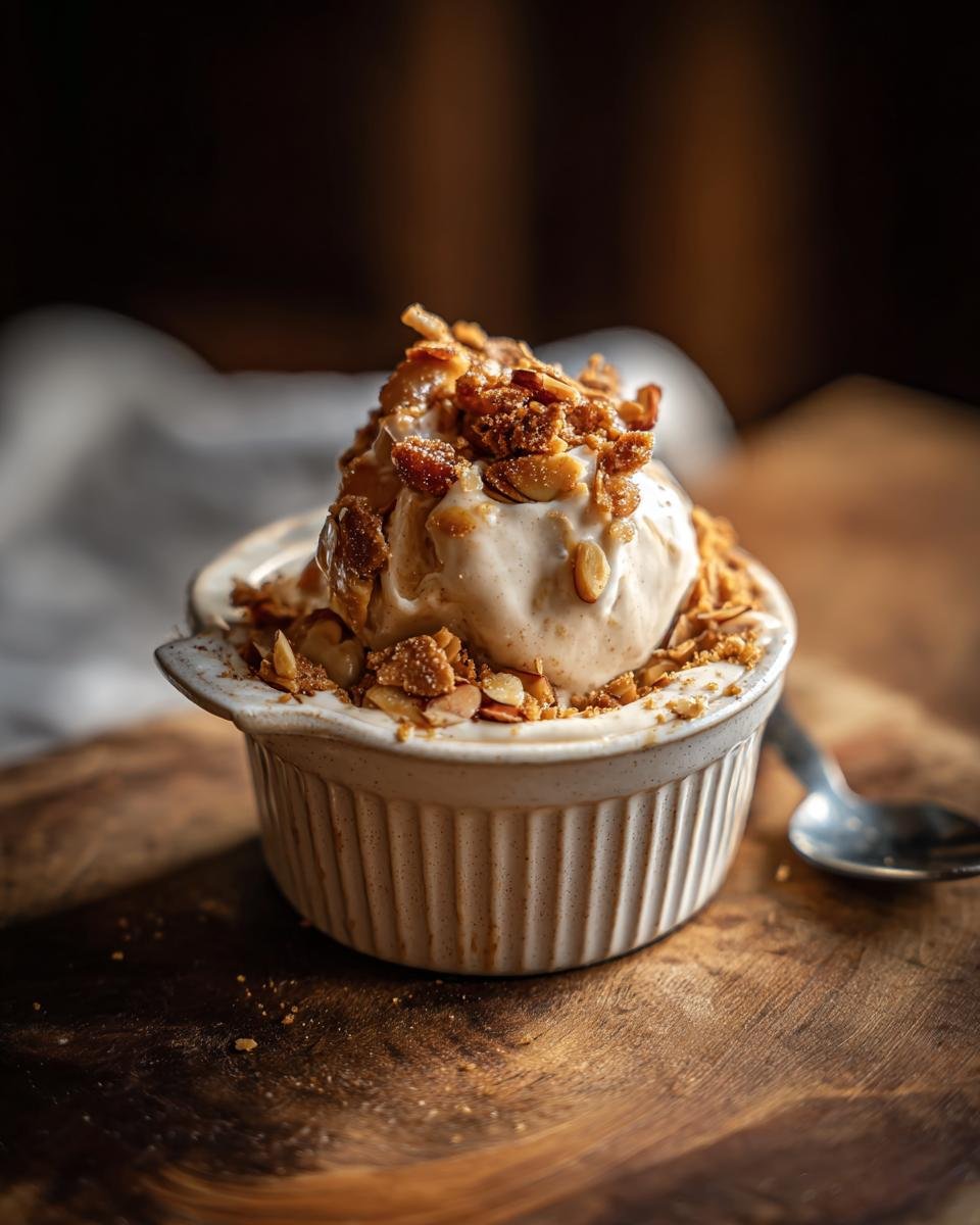 Eine Kugel Zimtparfait mit Mandelkrokant-Streuseln in einer weißen Schale, garniert mit Mandelsplittern.
