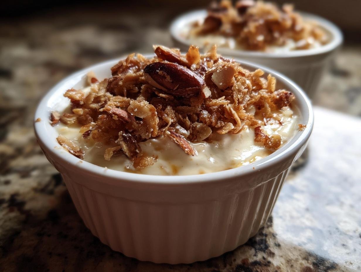 Ein cremiges Zimtparfait mit Mandelkrokant-Topping in einer weißen Schale, perfekt für ein deutsches Dessert.