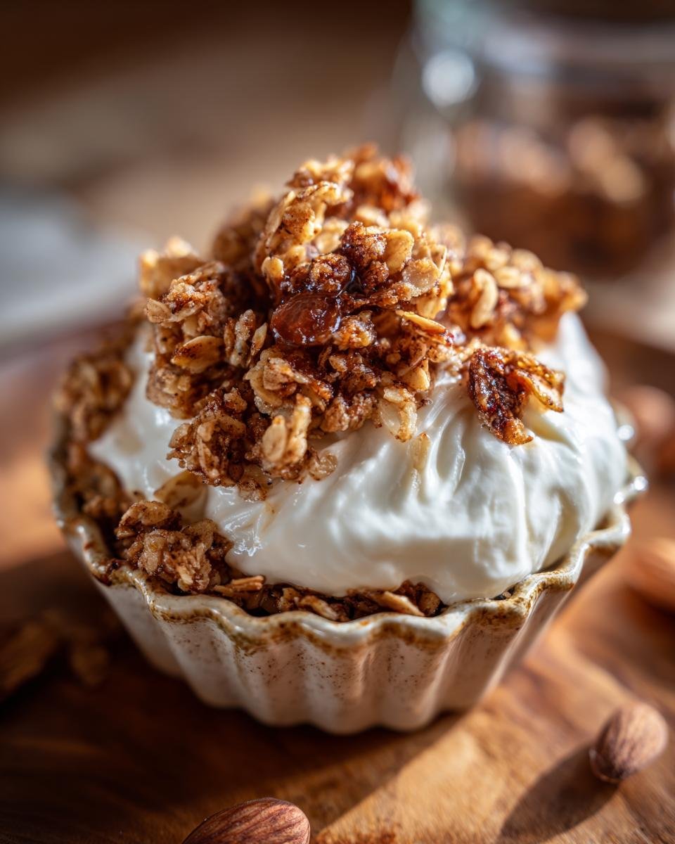 Ein köstliches Zimtparfait mit Mandelkrokant, serviert in einer kleinen Schale auf einem Holzteller.
