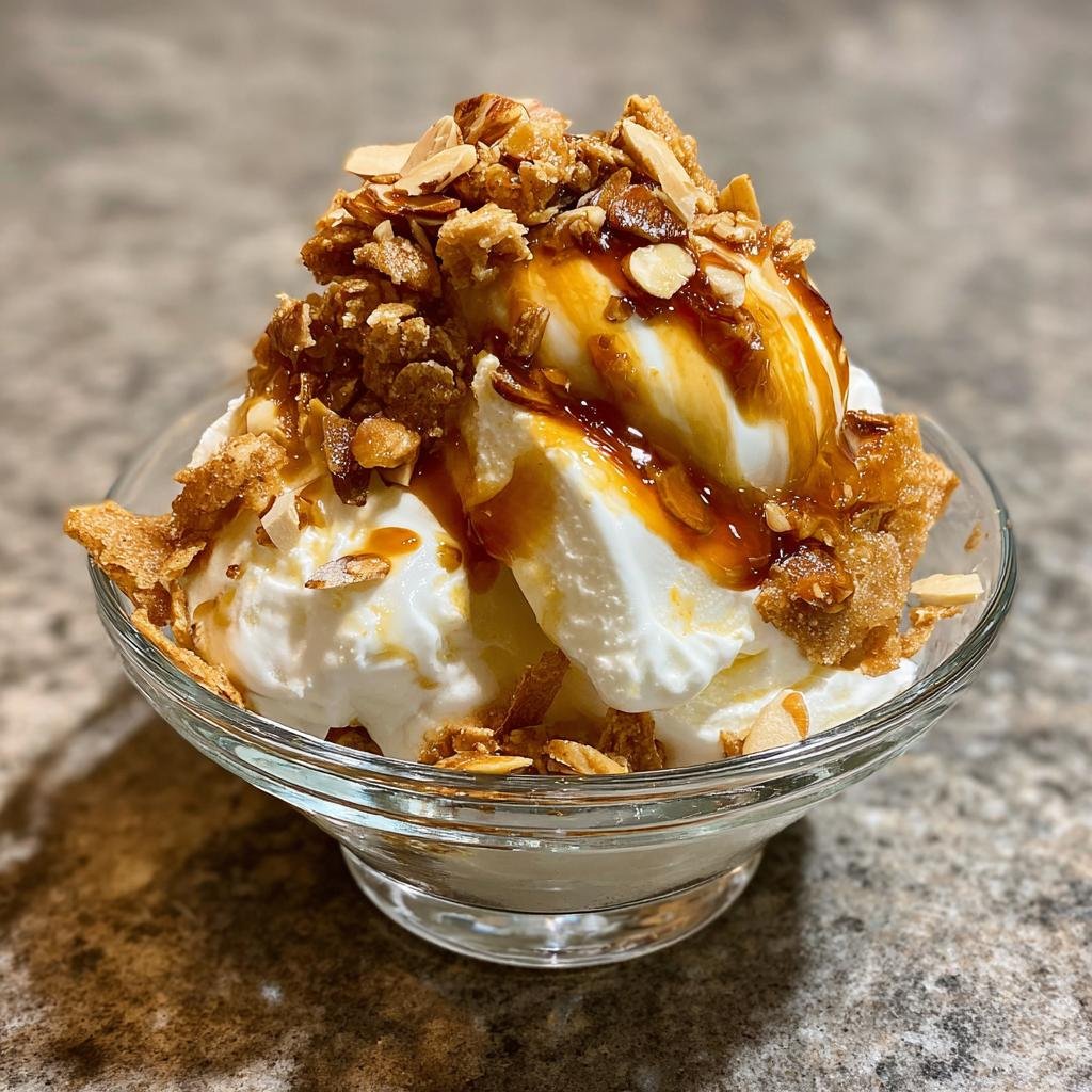 Ein Glas Zimtparfait mit Mandelkrokant, garniert mit Karamellsauce und Mandelblättchen.