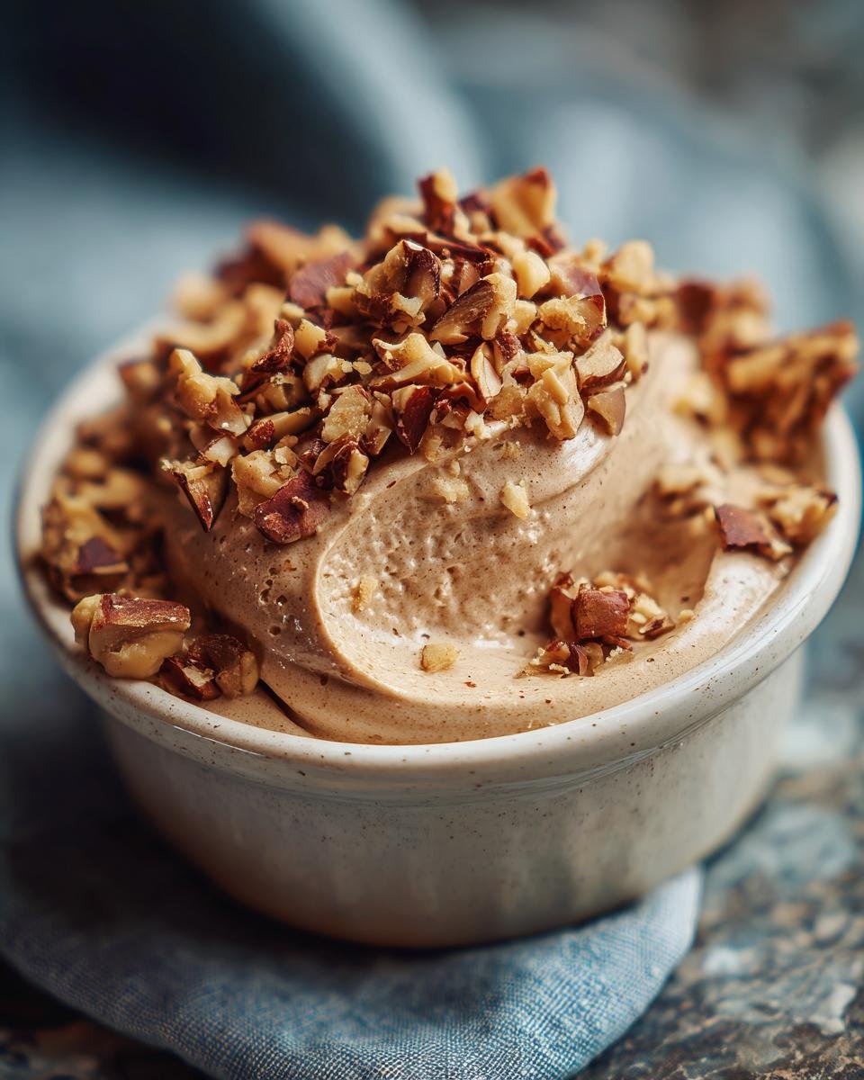 Cremiges Zimtparfait mit Mandelkrokant-Topping in einer Schüssel, Nahaufnahme.