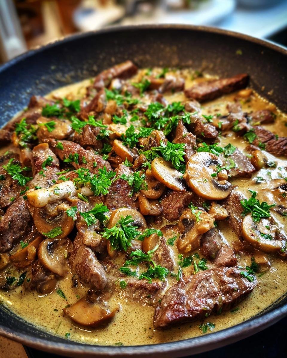 Close-up of Züricher Geschnetzeltes in a creamy sauce with sliced mushrooms and fresh parsley garnish.