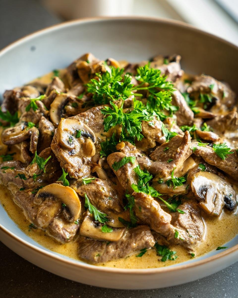 A close-up of Züricher Geschnetzeltes, featuring tender slices of veal in a creamy mushroom sauce, garnished with fresh parsley.