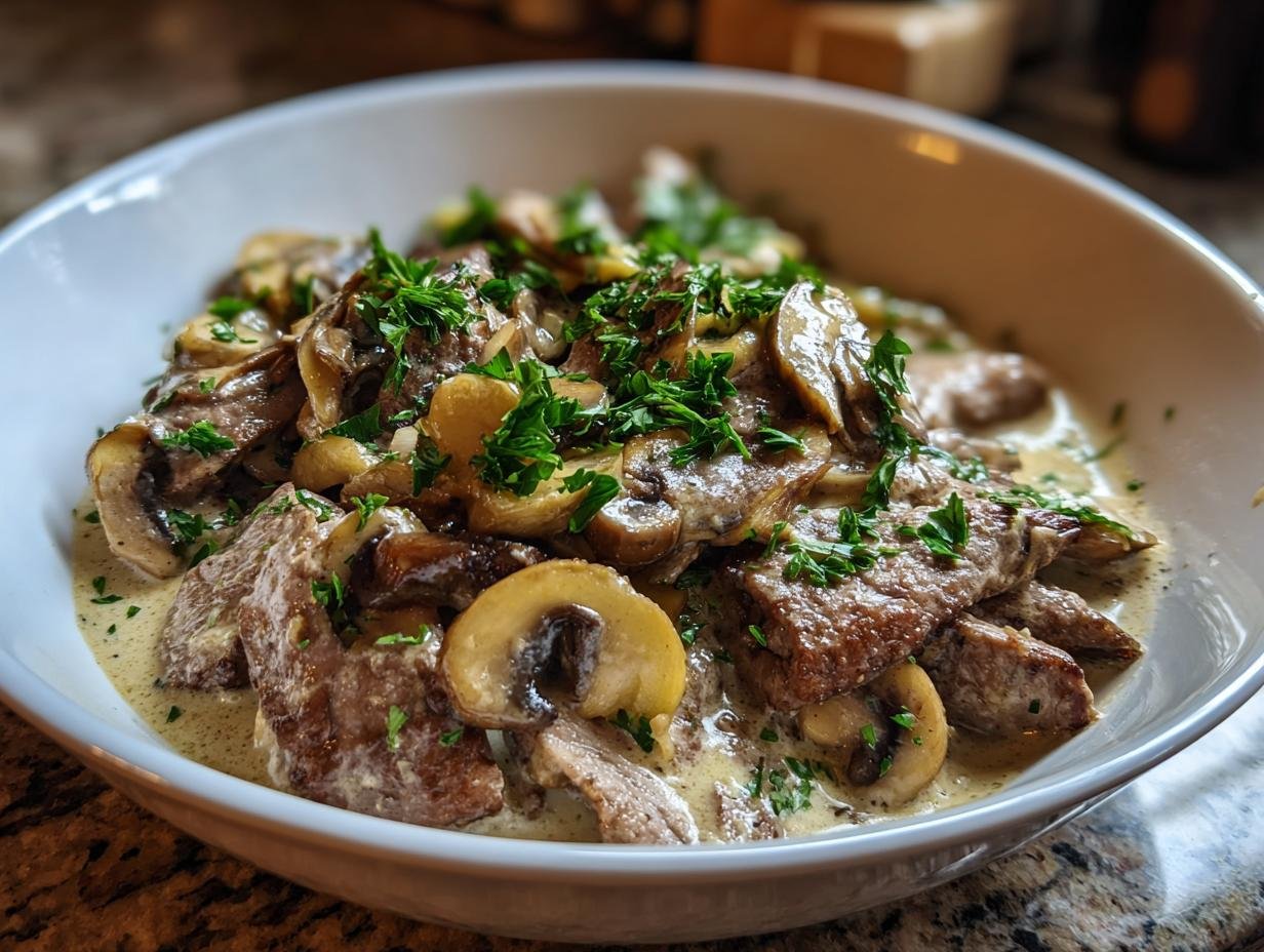 A close-up of Züricher Geschnetzeltes, featuring tender veal strips in a creamy mushroom sauce, garnished with fresh parsley.