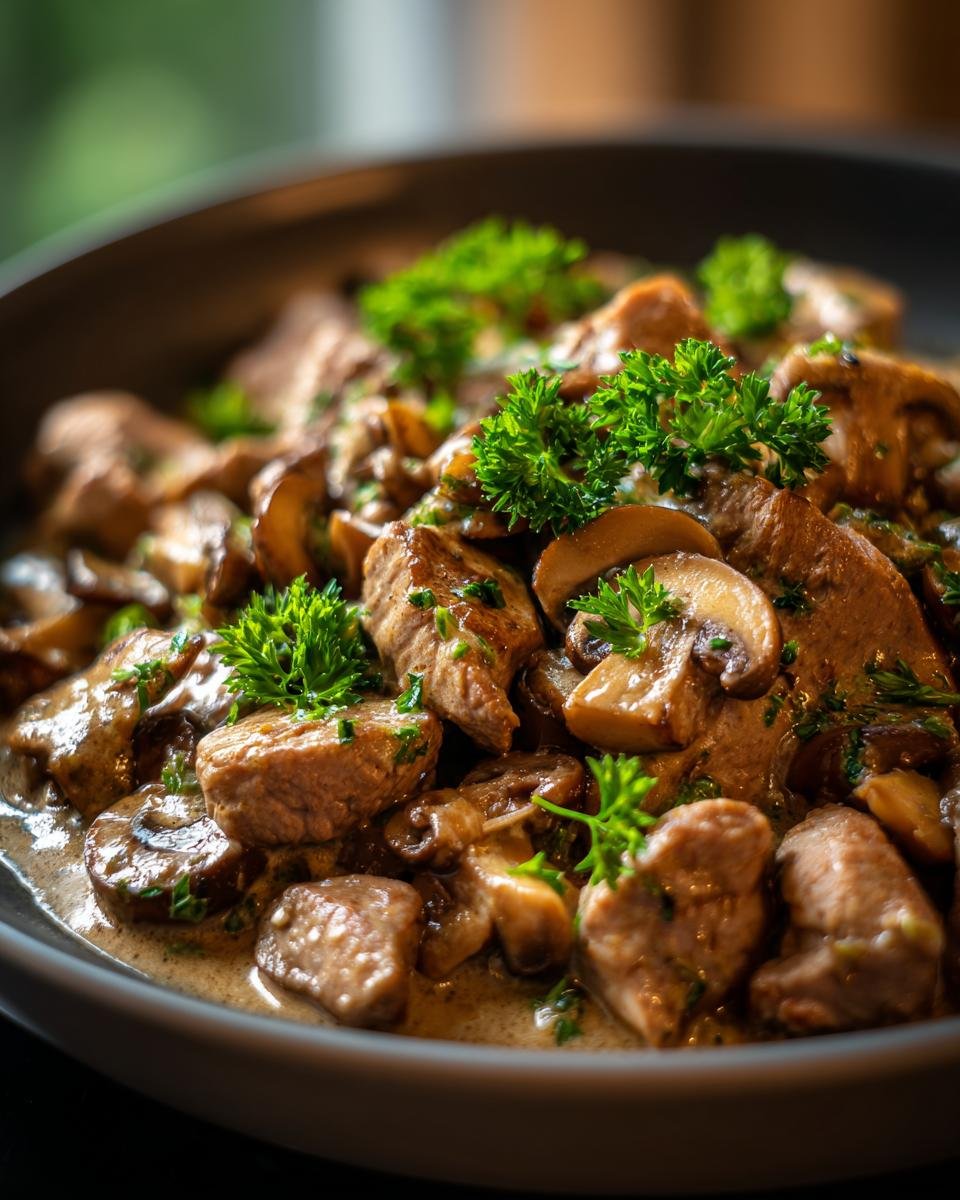 Close-up of Züricher Geschnetzeltes with tender veal strips, mushrooms, and a creamy sauce, garnished with parsley.