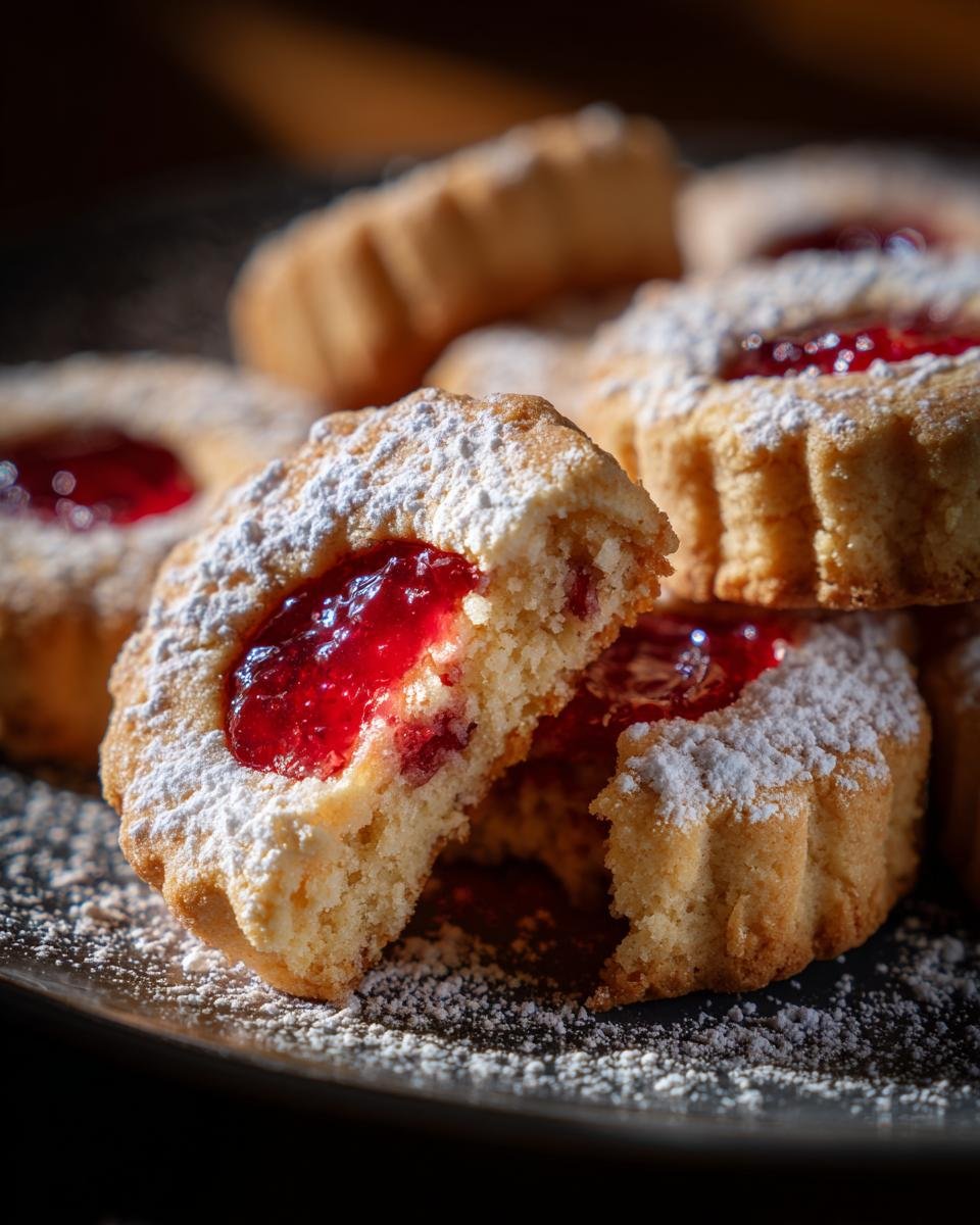 Nahaufnahme von angeschnittenen Engelsaugen Plätzchen, gefüllt mit roter Marmelade und bestäubt mit Puderzucker.