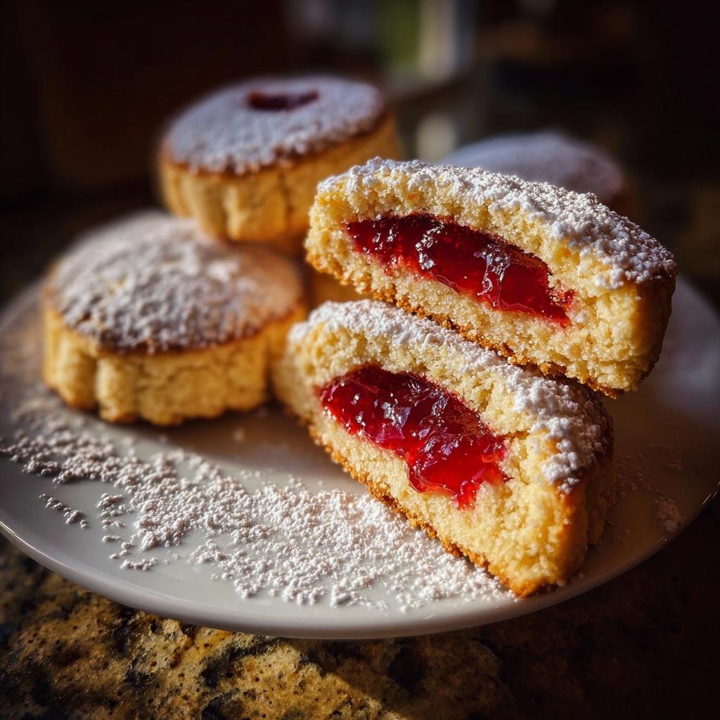 Zwei Hälften von Engelsaugen Keksen, gefüllt mit leuchtend roter Marmelade und bestäubt mit Puderzucker.