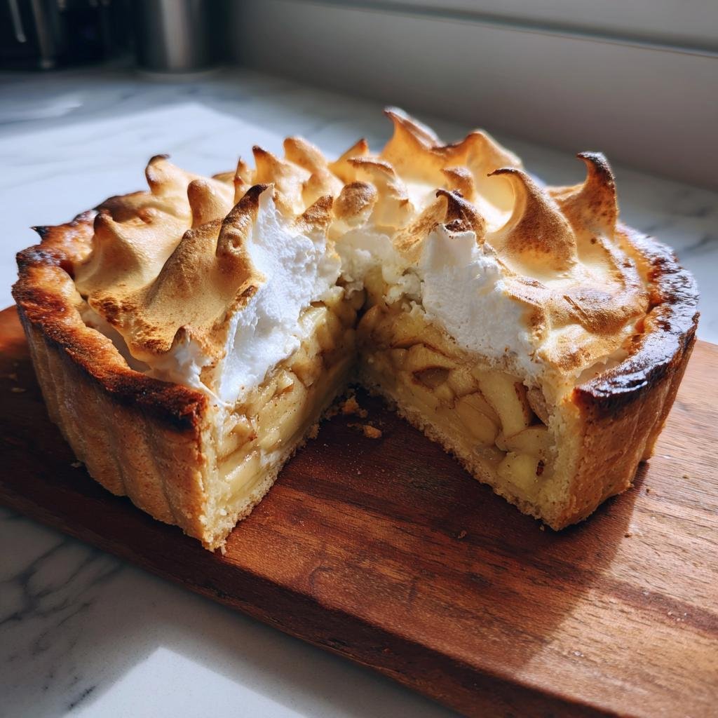 Ein aufgeschnittener Nach diesem Apfel-Baiser-Torte mit goldbraun gebackener Baiserhaube und saftiger Apfelfüllung.