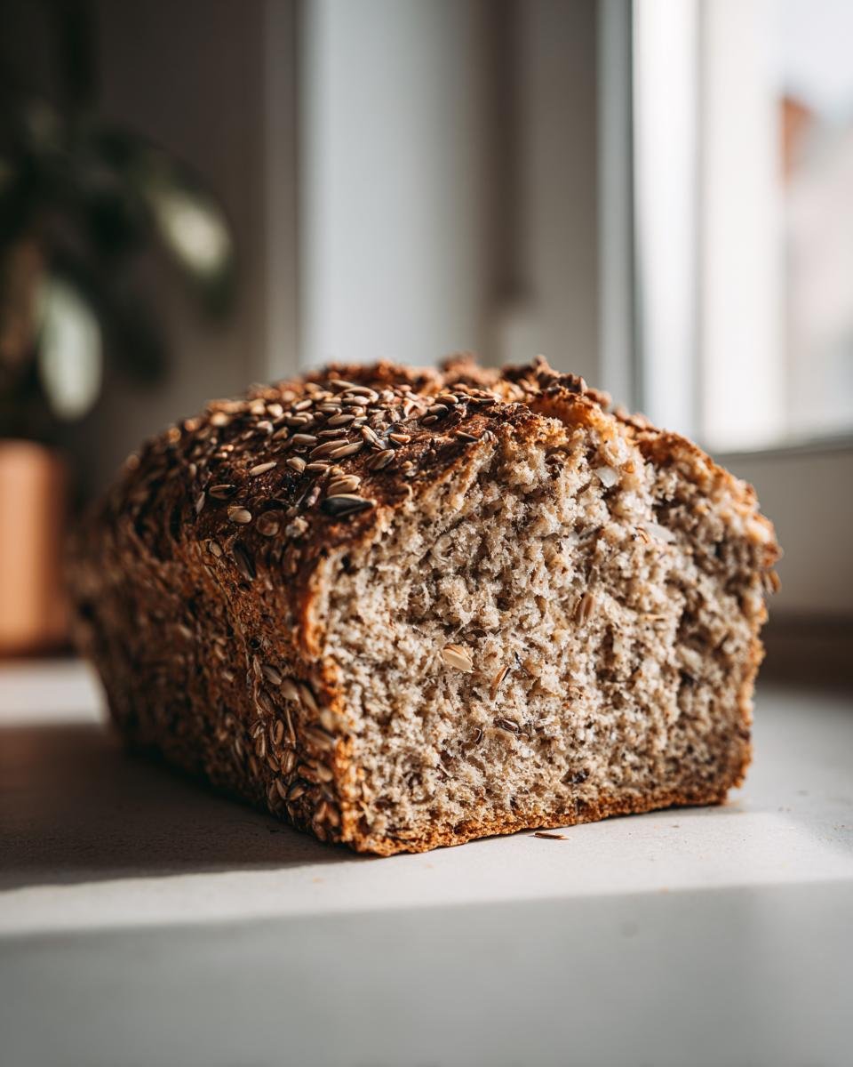 Nahaufnahme eines Laibs des besten Eiweißbrot der Welt mit einer dicken Kruste aus Sonnenblumenkernen.