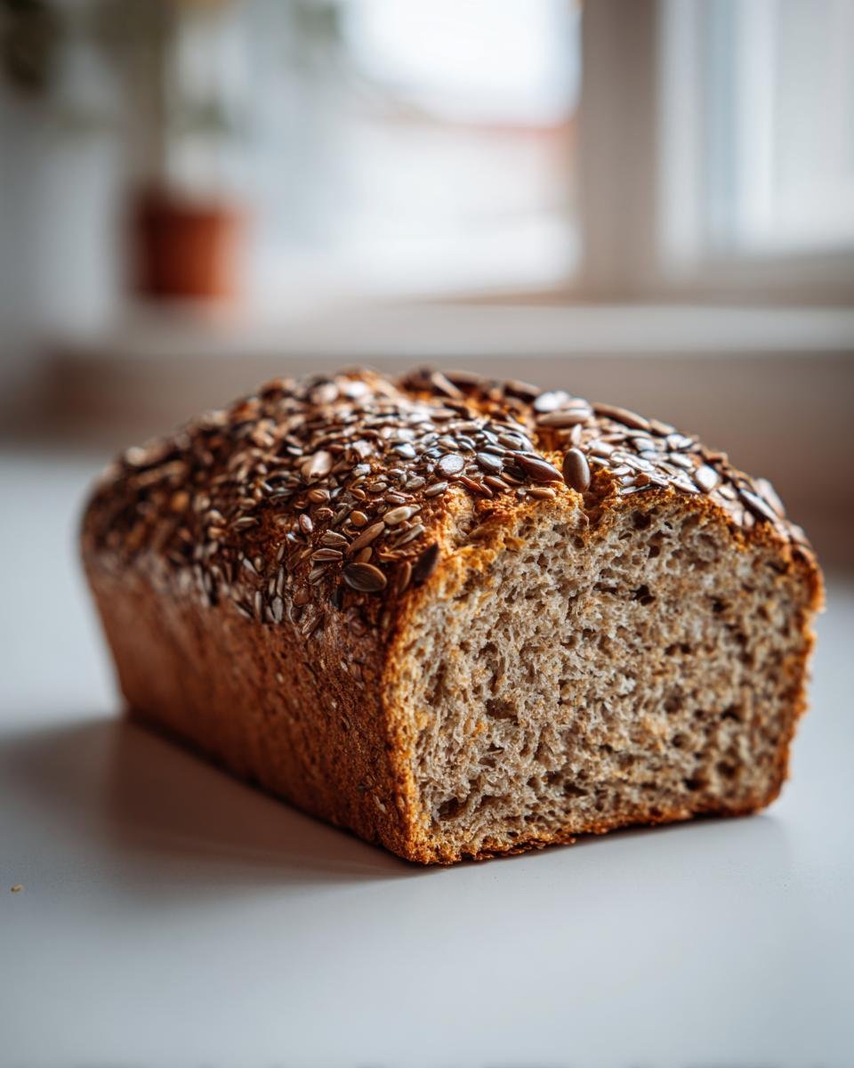 Ein angeschnittenes Laib des besten Eiweißbrot der Welt, reichlich bestreut mit Sonnenblumenkernen.