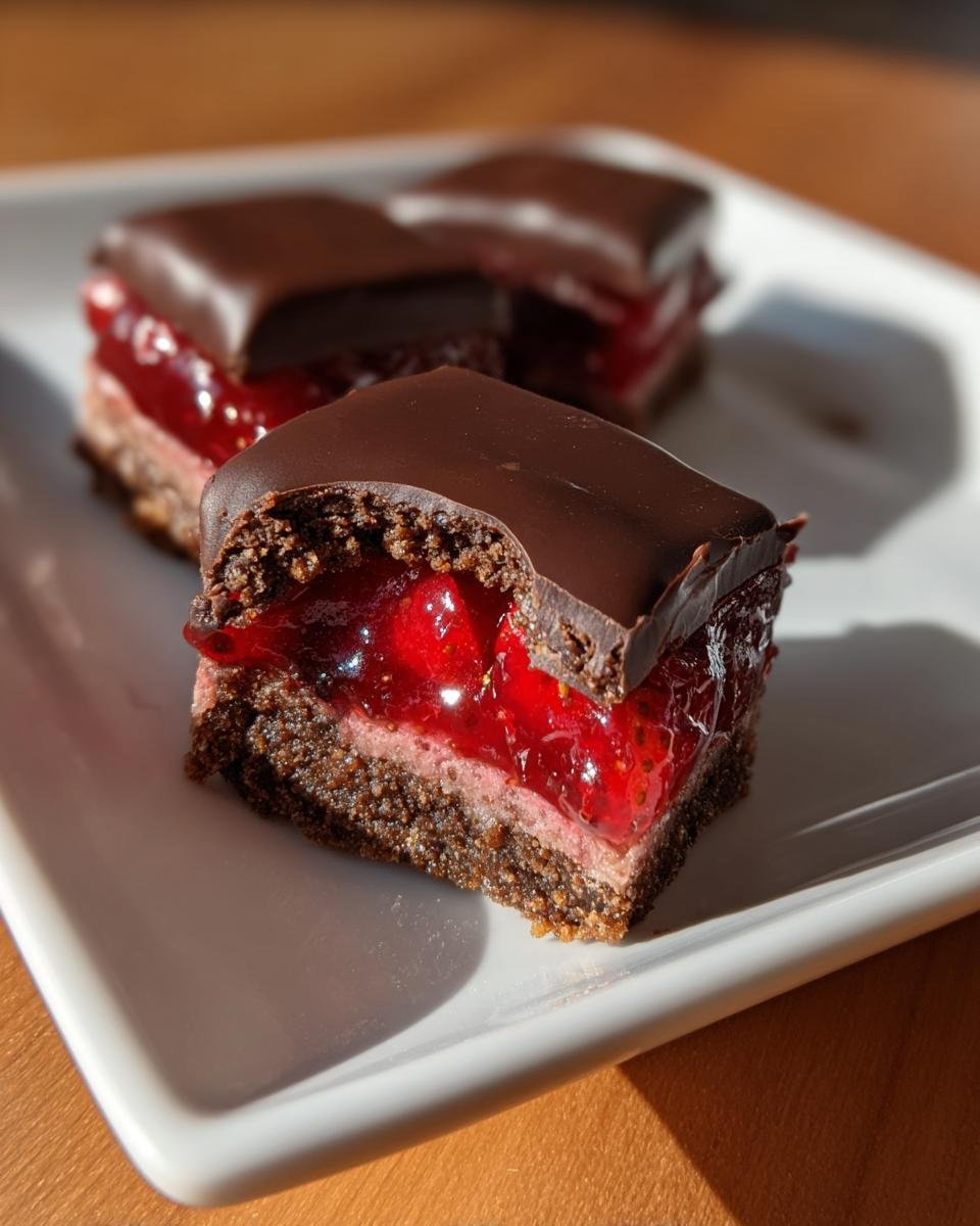 Nahaufnahme eines angeschnittenen Erdbeer-Schoko-Küsse mit dunklem Schokoladenüberzug und leuchtend roter Erdbeerfüllung.