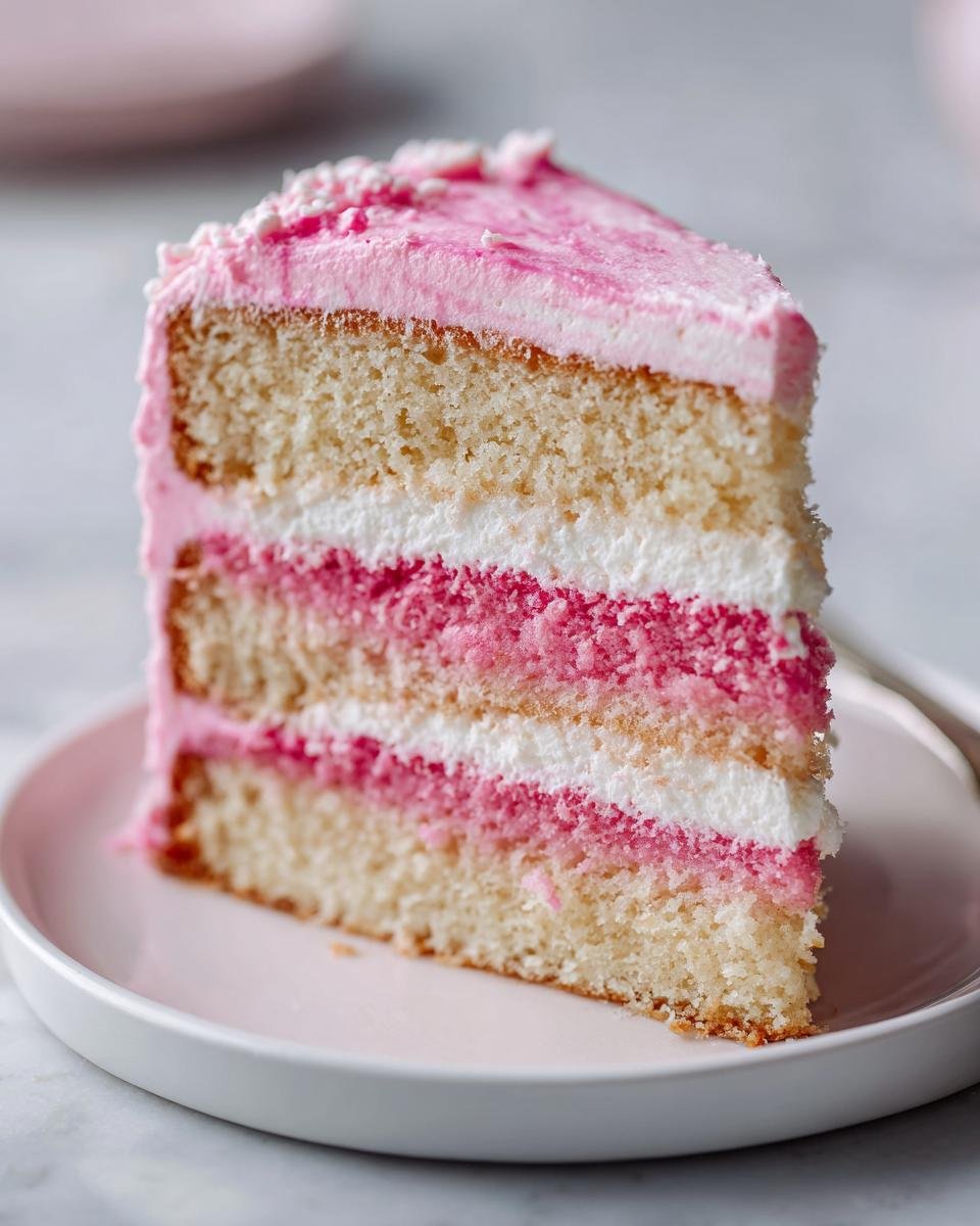 Nahaufnahme eines Stücks Flamingo-Torte mit rosa Zuckerguss und mehreren Schichten Biskuit und Creme.