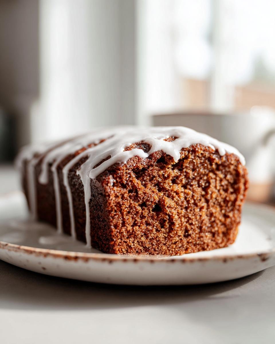 Nahaufnahme eines saftigen Kuchens, wahrscheinlich GESUNDER LEBKUCHEN, mit weißem Zuckergussstreifen auf einem Teller.