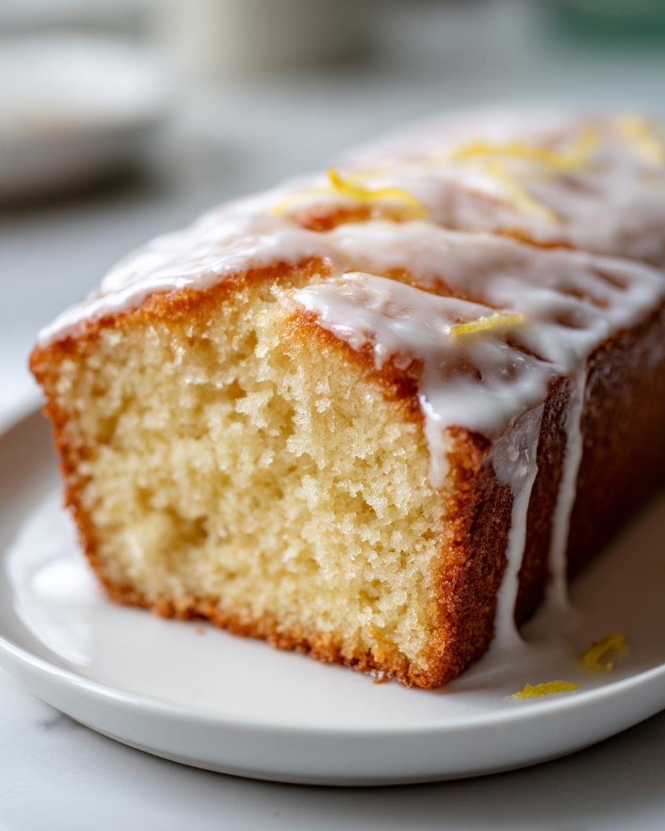 Nahaufnahme eines angeschnittenen Zitronen-Joghurt-Kuchen mit dicker weißer Zitronenglasur und Zesten.