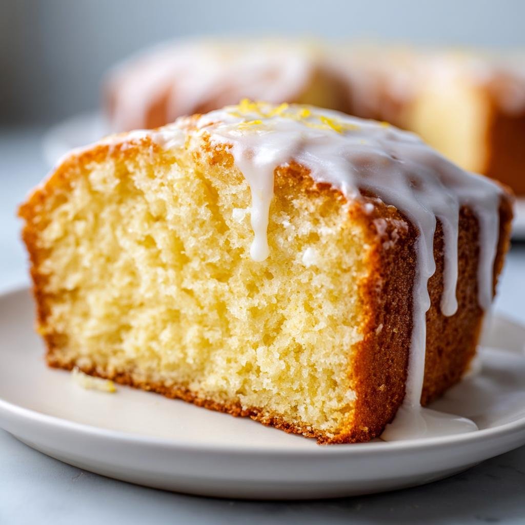Nahaufnahme eines Stücks Zitronen-Joghurt-Kuchen mit weißem Zuckerguss und Zitronenabrieb.