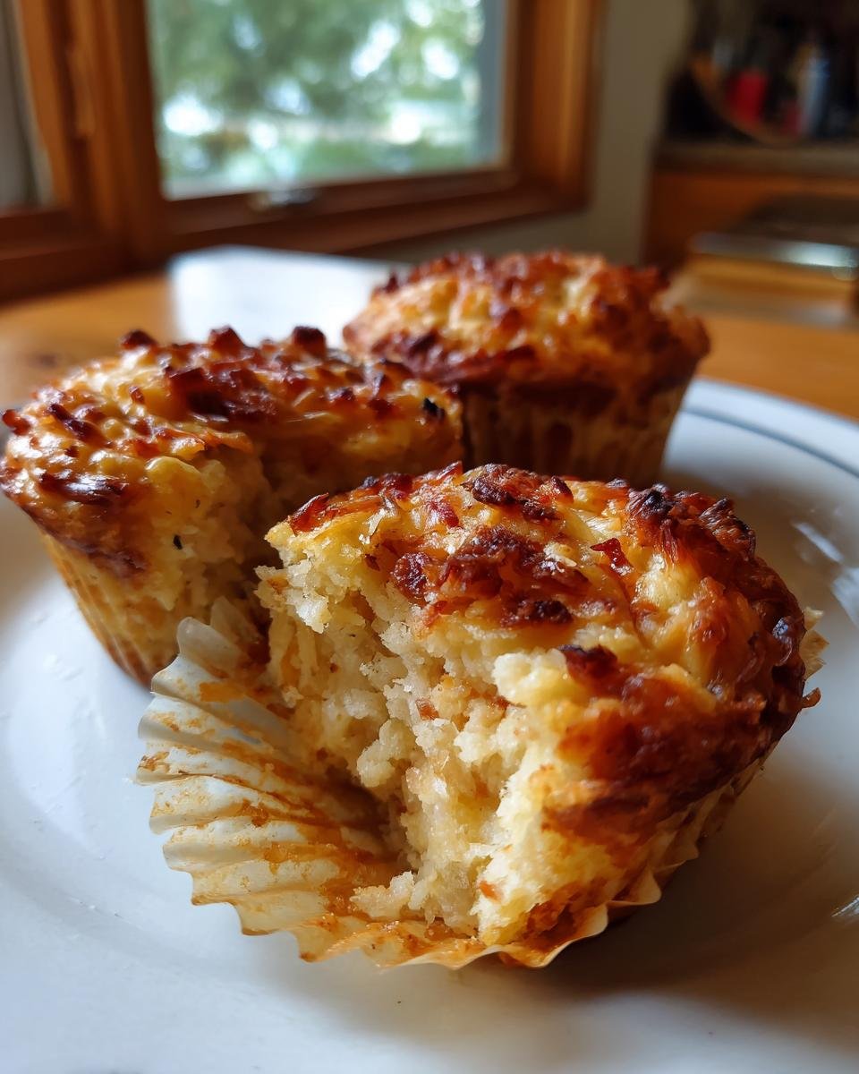 Nahaufnahme von drei Zwiebelkuchen Muffins, einer davon angebissen, mit goldbrauner, knuspriger Kruste.