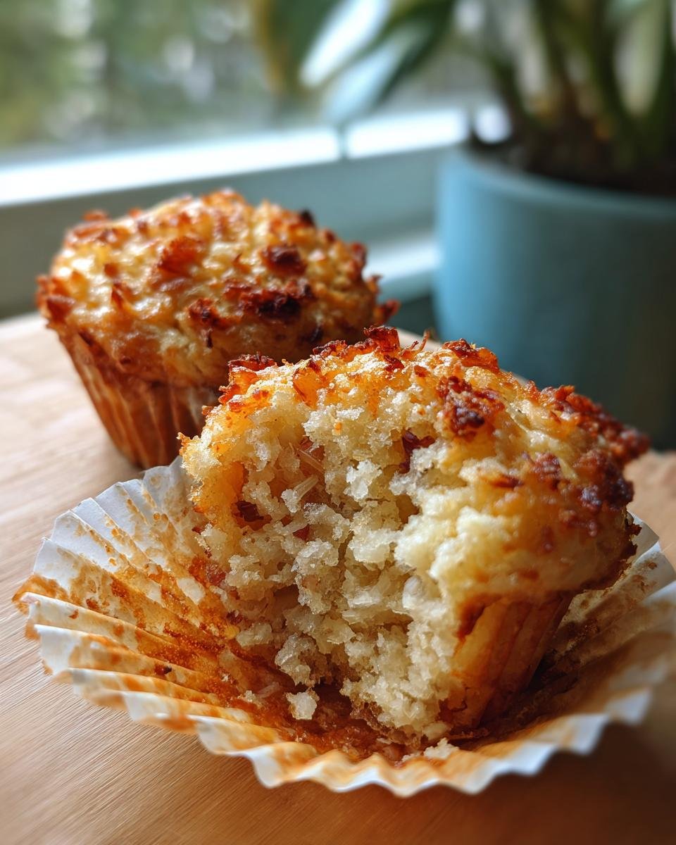 Nahaufnahme eines angeschnittenen Zwiebelkuchen Muffins, der die lockere Textur und die Zwiebelstückchen zeigt.