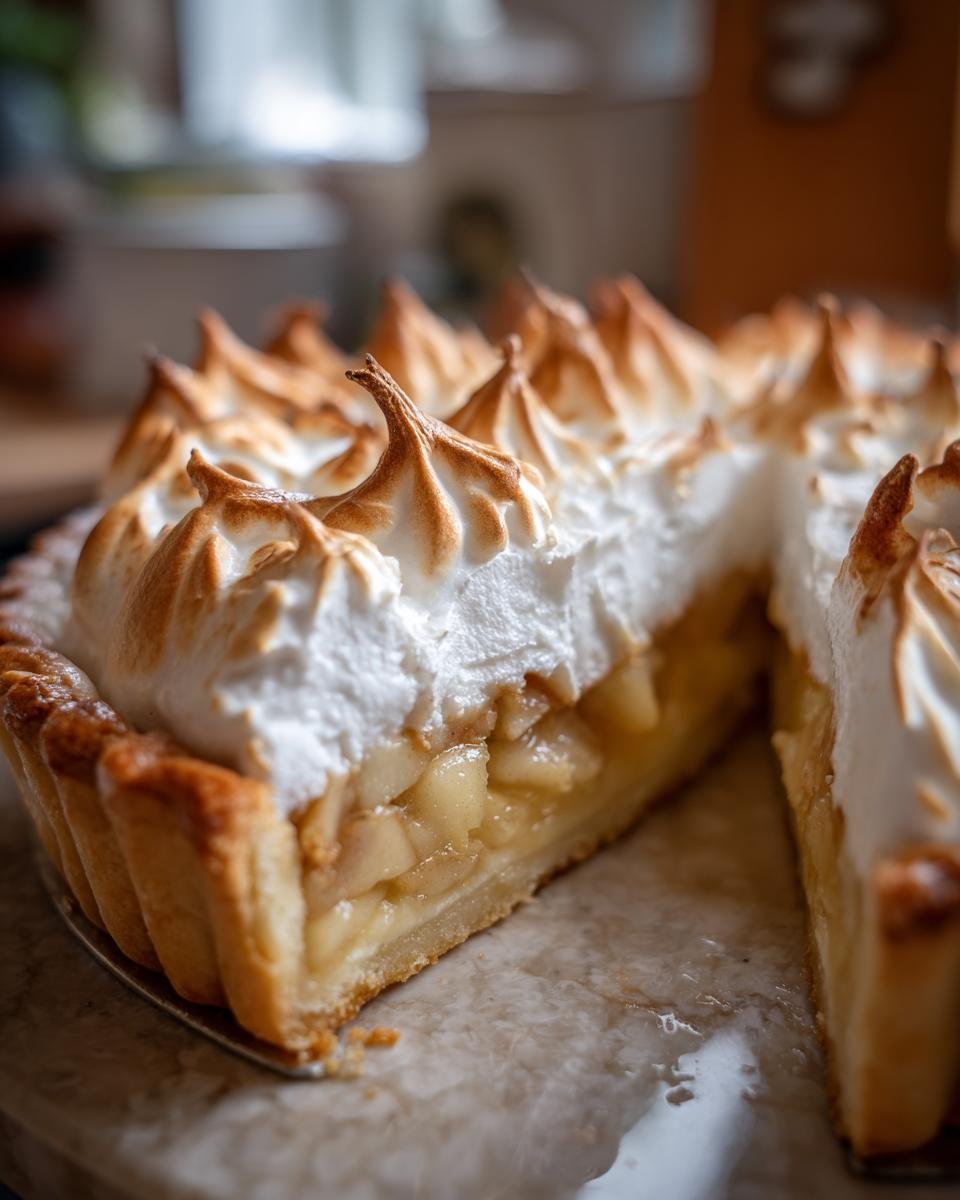Nahaufnahme eines angeschnittenen Nach diesem Apfel-Baiser-Torte mit goldbraun gebackener Baiserkrone und Apfelfüllung.