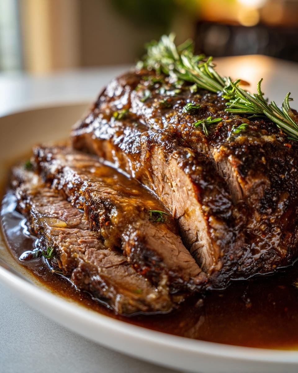 Aufgeschnittener Bayerischer Rinderbraten in dunkler Soße, garniert mit frischem Rosmarin.