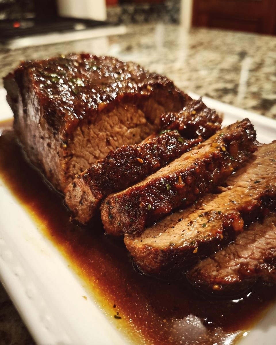 Angerichteter Bayerischer Rinderbraten, in Scheiben geschnitten und übergossen mit dunkler, glänzender Soße.