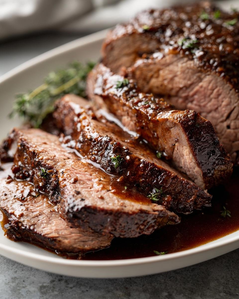 Nahaufnahme von mehreren Scheiben saftigem Bayerischer Rinderbraten, übergossen mit dunkler Soße und Thymian garniert.